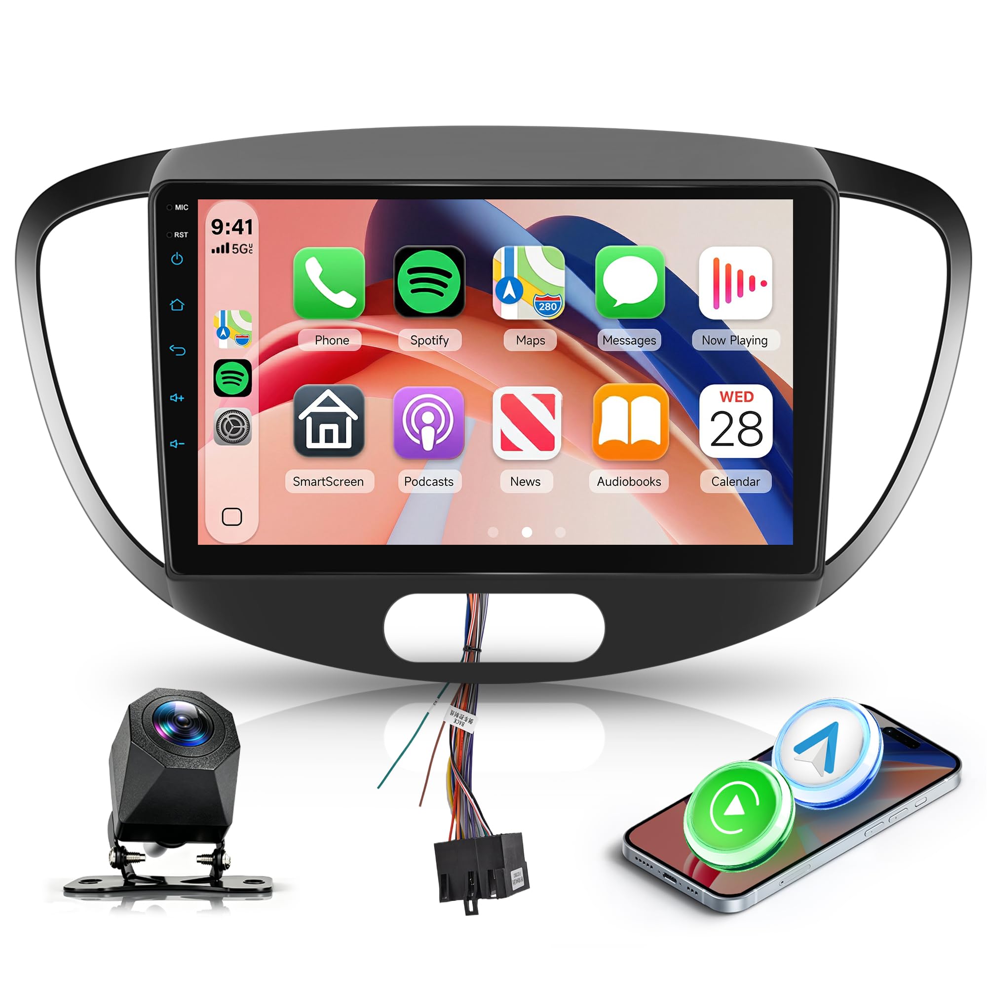Hodozzy Autoradio per Hyundai I10 2007-2013 con Wireless Carplay Android Auto, Touchscreen da 9 pollici con Bluetooth/RDS FM/Youbube/V-Link/GPS/USB/SWC+Telecamera Posteriore