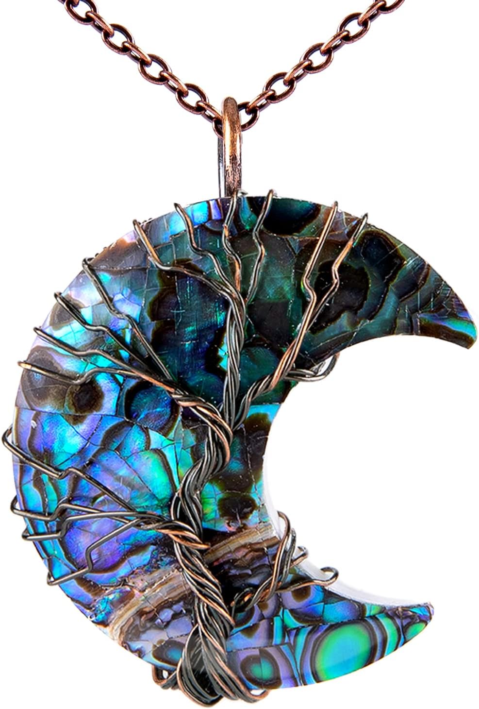 Bivei Life Tree Crescent Moon Necklaces for Women,Copper Wire Wrap Gemstones Pendant Crystals and Natural Stones Necklace Witch Jewellery Christmas Gifts for Friends