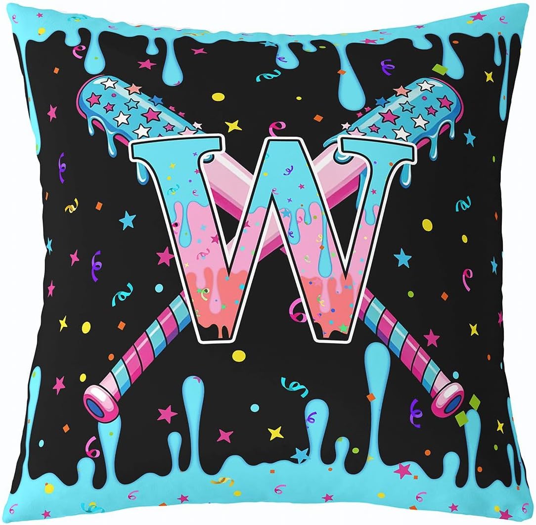 jejeloiu 22 x 22-Inch Set of 2 Baseball Decor Pillowcase Boys Girls Baseball Gaming Throw Pillow Covers for Kids Ultra Personalized Initial Letter W Cushion Case Sports Theme Room Decor Microfiber image 2