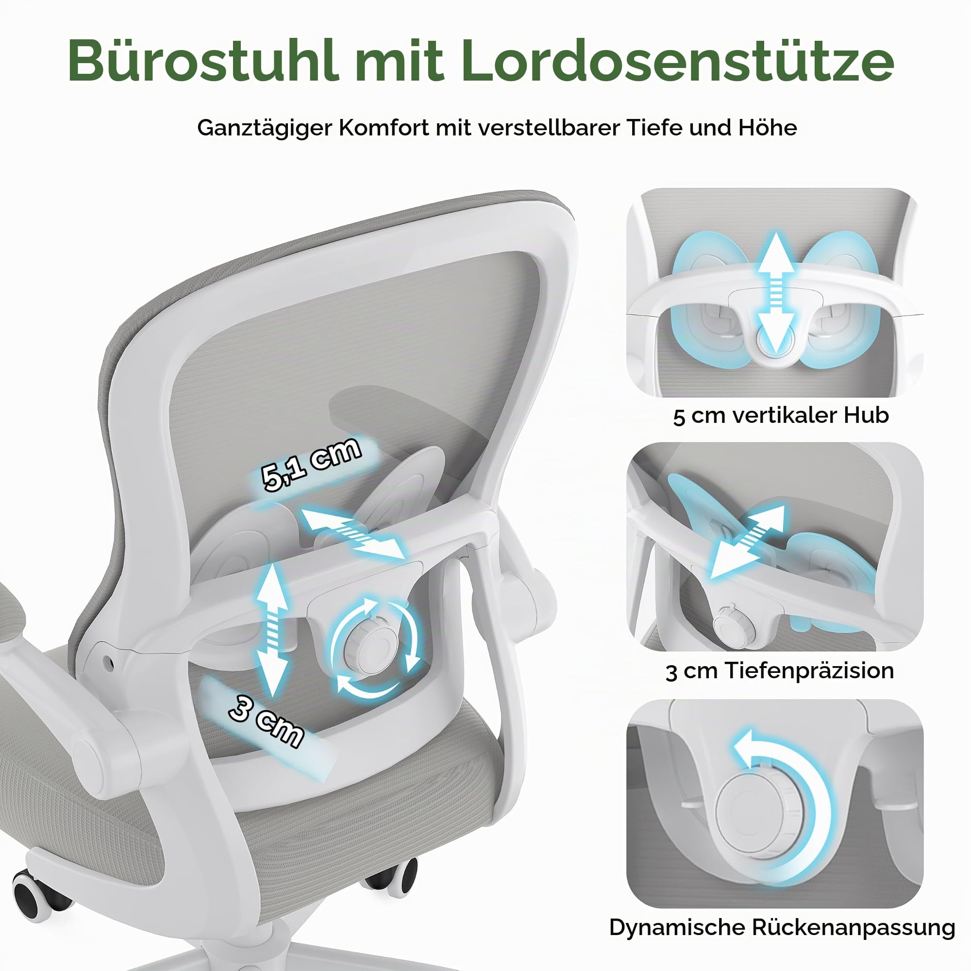 Farini Ergonomischer Mesh Rollcomputer Stuhl mit Verstellbarer Lendenstütze und aufklappbaren Armlehnen – Executive Schreibtischstuhl, drehbarer Bürostuhl für Homeoffice