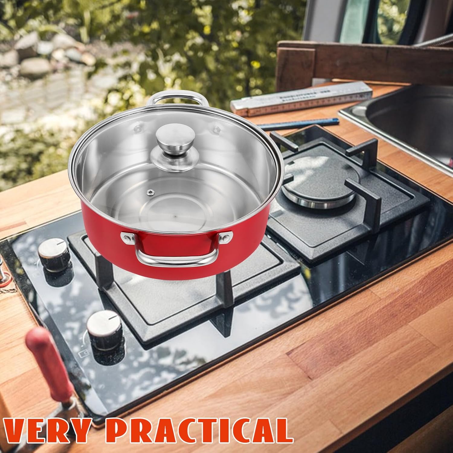 NUOBESTY Stainless Steel Stockpot 28cm Thickened Multi-use Cooking Pot with Lid Large Capacity Red Metal Pot for Soup Stew Canning and Household Kitchen Use