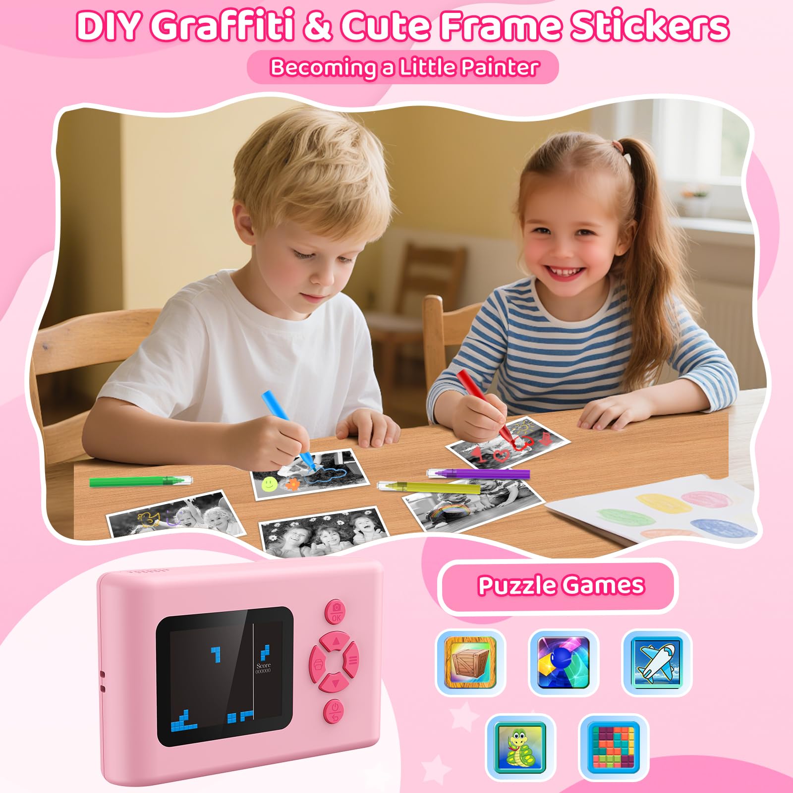 Ushining Cámara instantánea para niños, 1080P HD, cámara instantánea con tarjeta de 32 GB y papel de impresora, pantalla IPS de 2,4 pulgadas, cámara digital, regalos para niños/niñas de 3 a 12 años