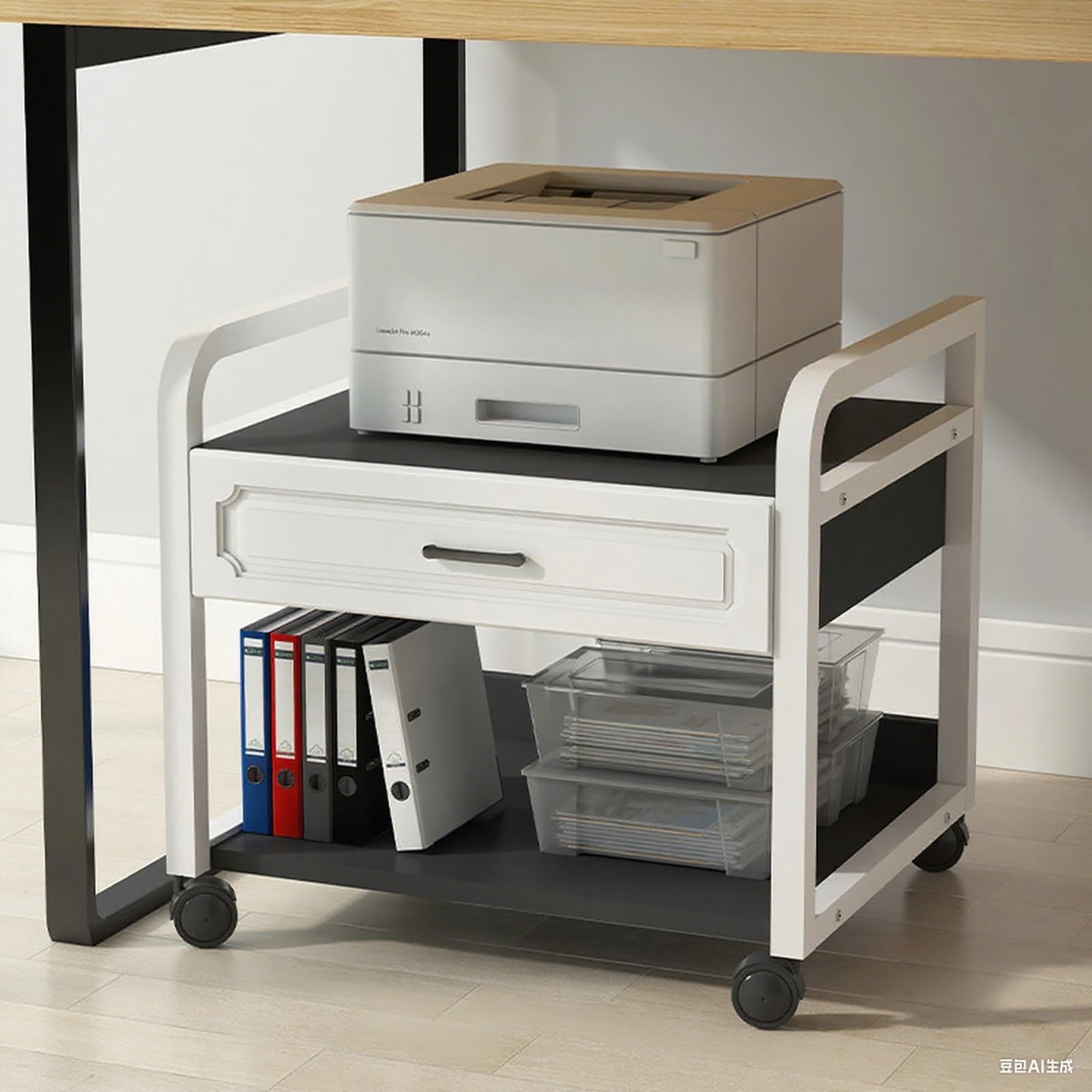 Soporte para impresora debajo del escritorio con cajón de almacenamiento, gabinete de impresora rodante con ruedas, estantes abiertos para copiadora y escáner, mesa compacta para impresora de carrito