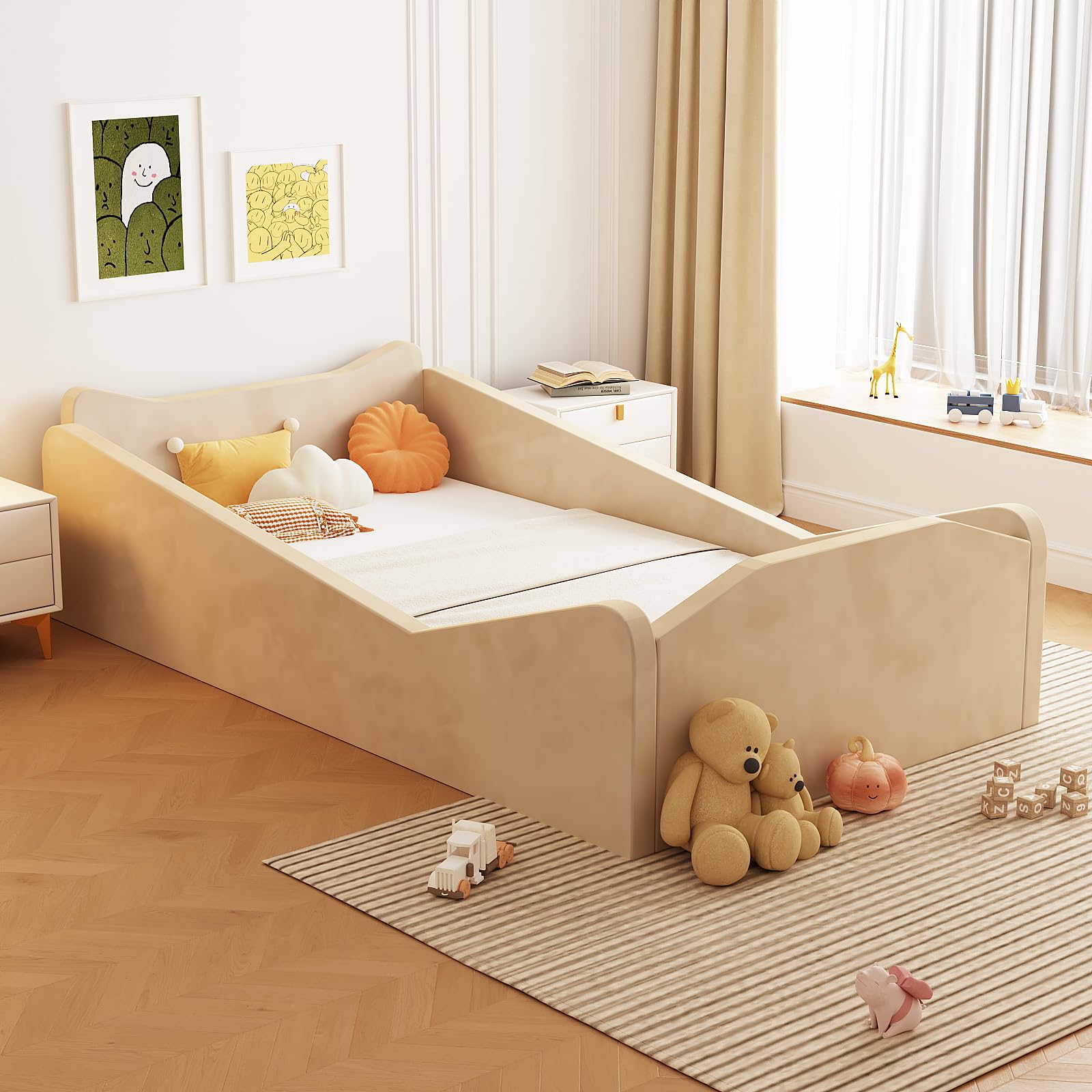 JOYMOR Toddler Bed, Floor Bed with Safety Guardrail