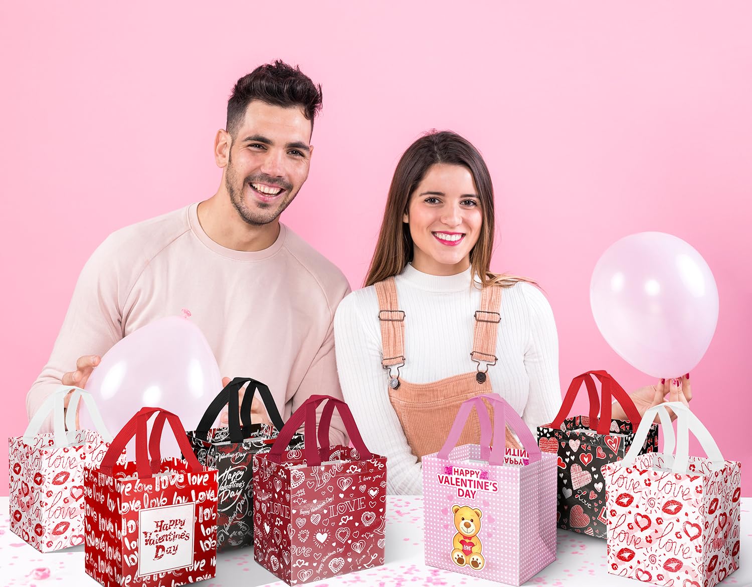 JWSCYSY 12Pack Happy Valentine's Day Reusable Tote Bags, Non-Woven Valentines Gift Bags with Handles for Valentine Party Favor, Gift Wrapping.