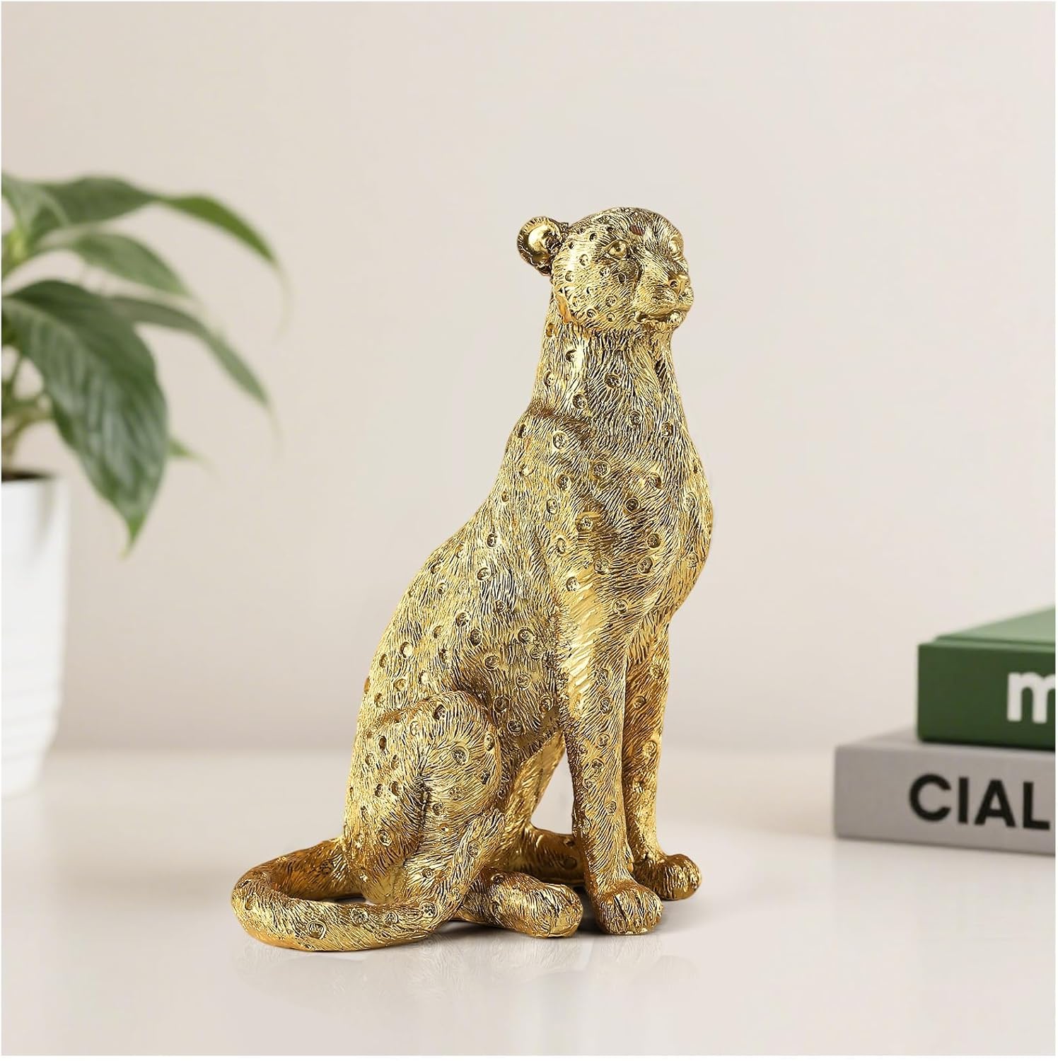 Cheetah Statue for Home Decor, 8" Resin Sitting Leopard Sculpture, Gold Desktop Decoration for Living Room, Dining Room, Office,Shelves, Tv Stand, Coffee Table or Entry Way