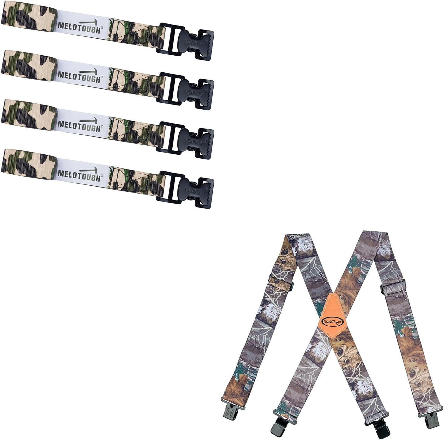 MELOTOUGH 4-Pack 2ft Camo Tree Stand Straps, Heavy Duty Ratchet & Utility Straps + Men's Suspenders Fully Elastic 2 inch Wide X back Heavy Duty Tradesperson's Pant Suspender