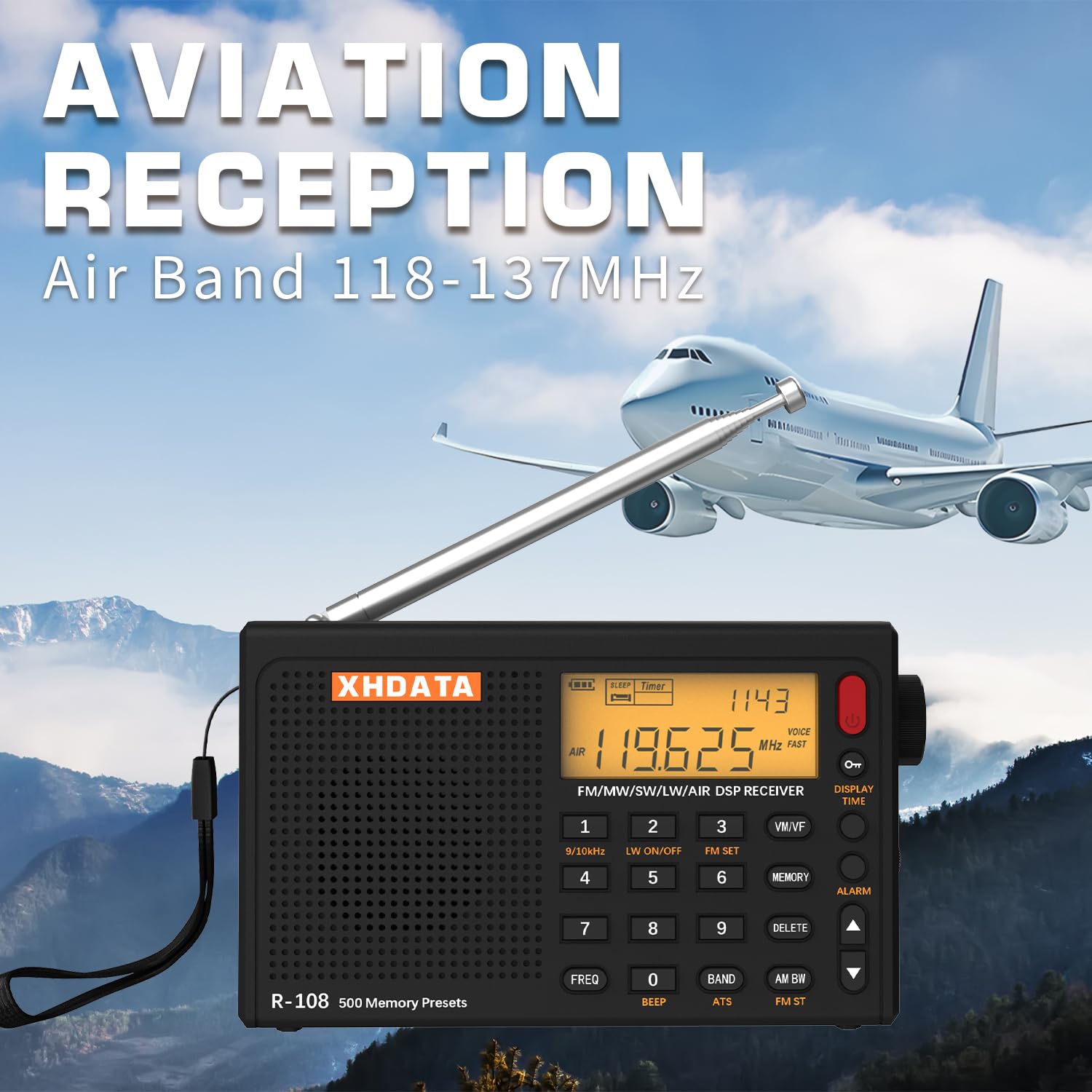 XHDATA R-108 Kleines Tragbare Radios Wiederaufladbares Batterieradio UKW FM AM SW Airband Radio weltempfänger digitalradio mit ATS-Stationsspeicher Sleep-Funktion (Schwarz)