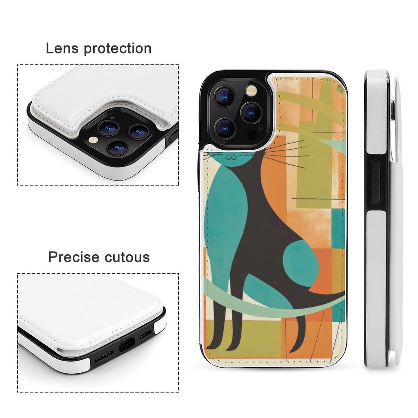 Fundas tipo cartera para iPhone 12 Pro Max, diseño de gato moderno de mediados de siglo, funda de piel con ranuras para tarjetas