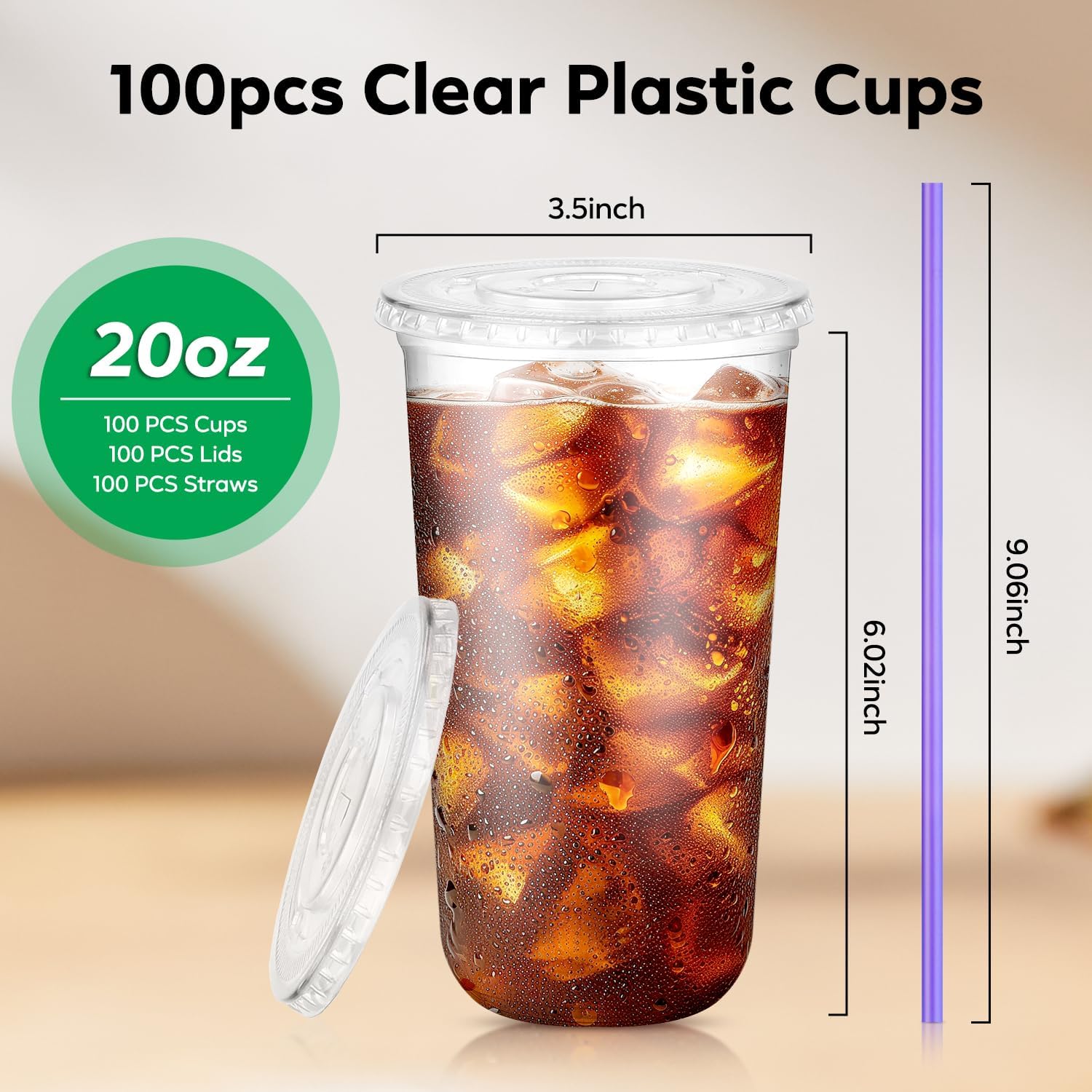 100PCS 20 oz Clear Plastic Cups with Lids and Colorful Straws, Round Bottom Disposable To Go Coffee Smoothie Juice Bubble Tea Cups, PET Party Cups for Holiday, Birthdays, Picnics, Christmas
