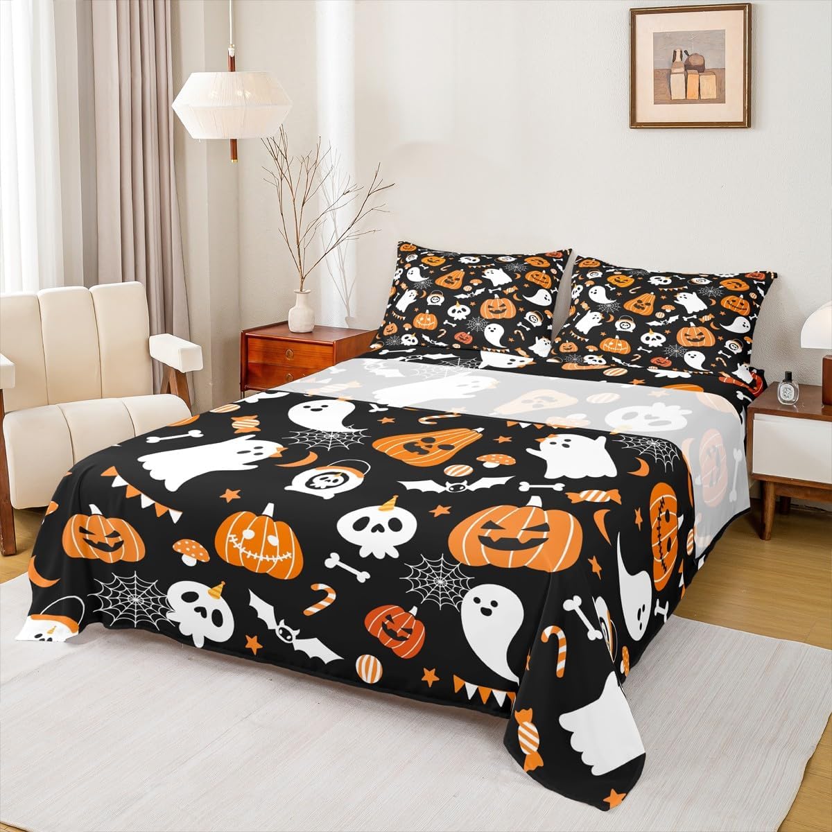 Feelyou Happy Halloween Bed Sheets Set Full Size Kawaii Ghost Printed Deep Pocket Fitted Sheet Pumpkin Bedding Sets Black White Orange Soft Bed Set 4Pcs with 2 Pillow Cases