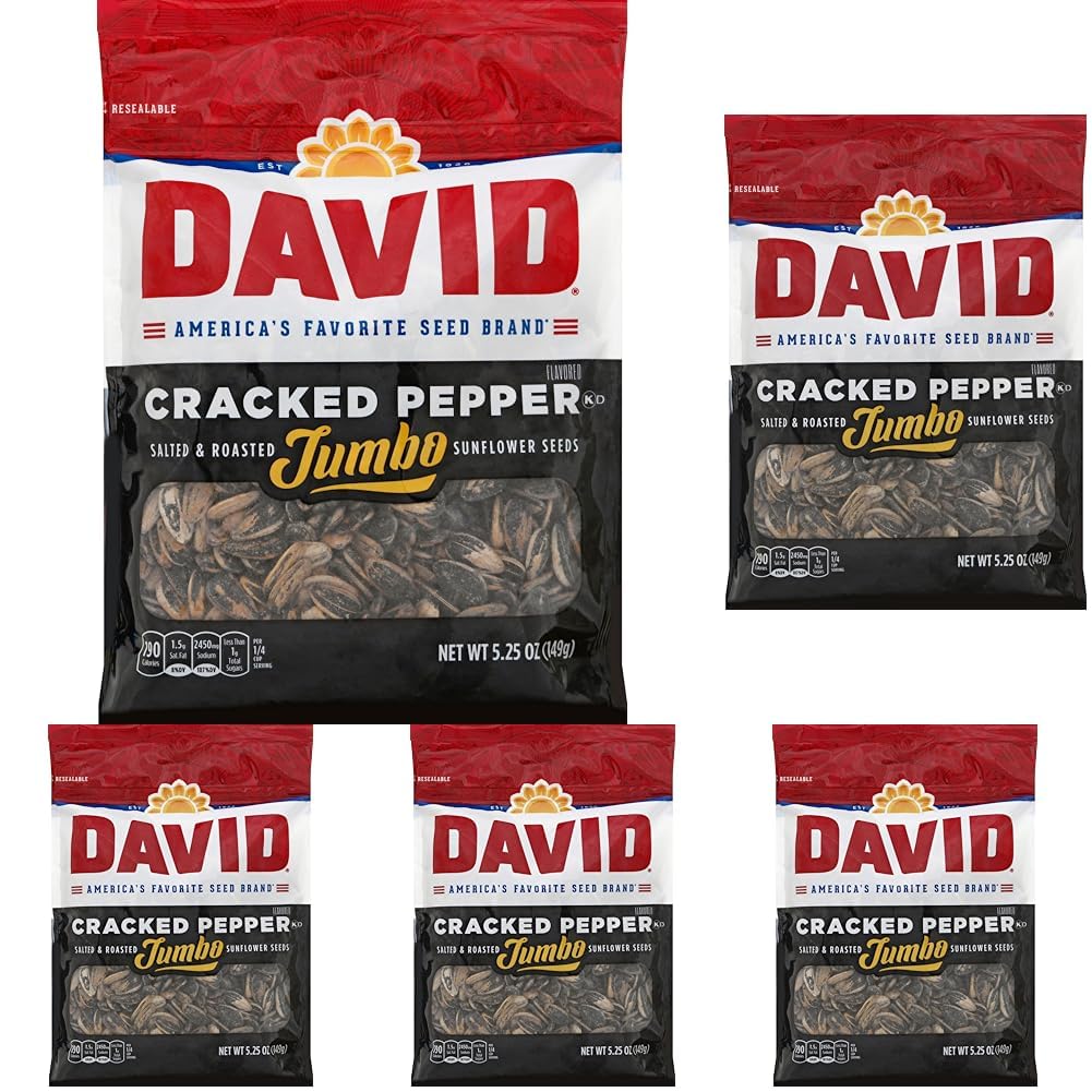 DAVID Roasted and Salted Cracked Pepper Jumbo Sunflower Seeds, 5.25 oz (Pack of 5)