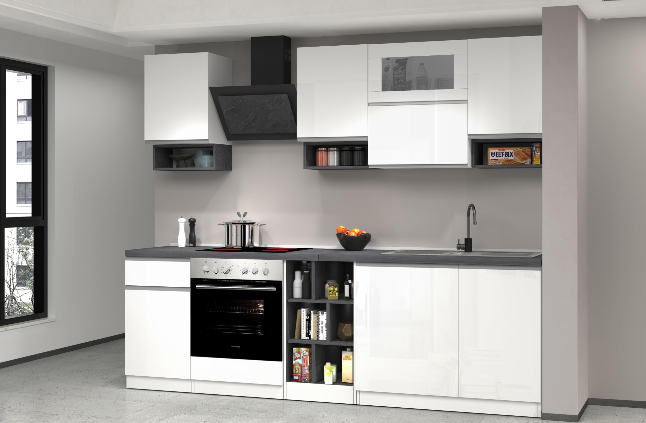 Generico Composizione Modulare da Soggiorno, 255x60x85.5 cm, Bianco laccato lucido/Bianco opaco/Report, Nobilitato e vetro e metallo, Modello SOLE, Design Moderno Made in Italy