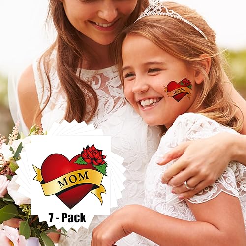 Miniatura 4 de 7 hojas de tatuajes temporales de corazón para mamá, tatuajes falsos para mujeres, niñas, hombres y niños, calcomanías de tatuaje Love Rose Mom para