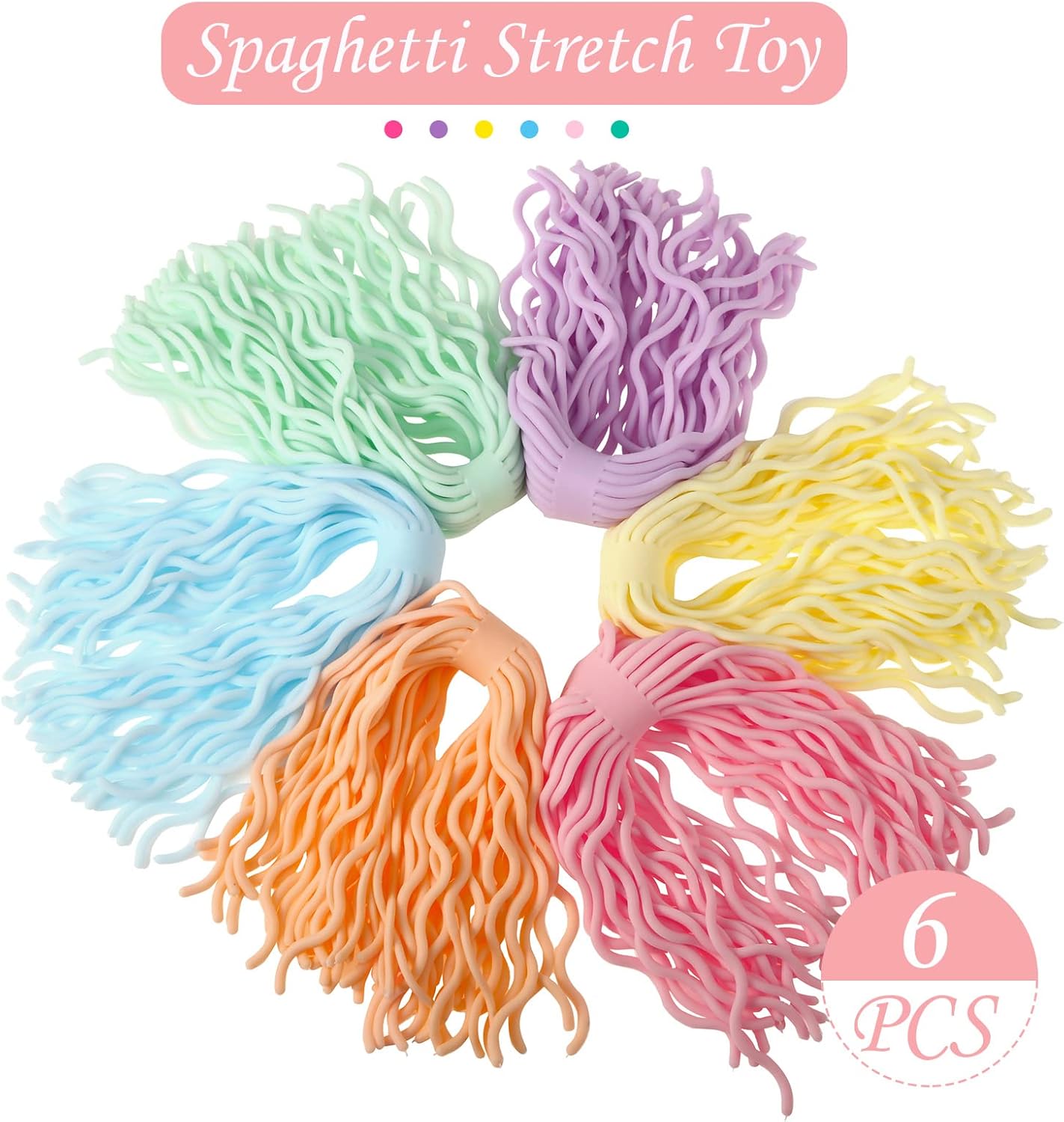Civaner 6 Pieces Sensory Spaghetti Stretchy Toy Stretchy Pasta Toy Ramen Fidget Strings for Stress Relieve Gifts Early Education Birthday Easter Day Holiday Party Gifts(Macaron Color)
