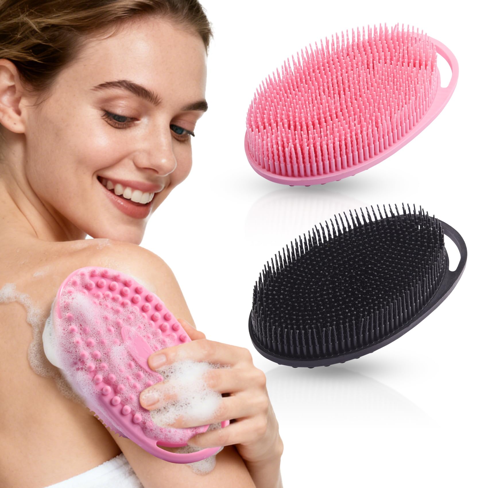 2 Pack Silicone Body Scrubber, Exfoliating Shower Scrubber for All Skin | 2 in 1 dual-sided design, soft bristles and massage bumps side, fast-drying, non-slip handle, for women and men, Black+Pink