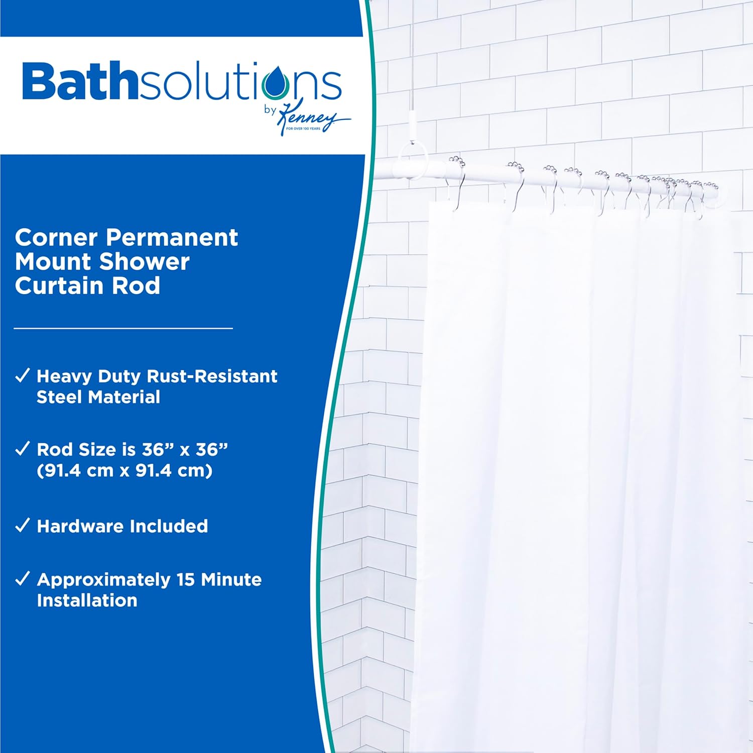 Kenney KN61423 Permanent Mount Corner Stall Shower Curtain Rod, 36" x 36" Fixed Length, White Finish, 1" Diameter Rust Resistant Steel Tubes