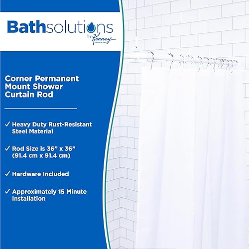 Miniatura 2 de Kenney KN61423 - Barra de cortina de ducha de esquina de montaje permanente, 36 x 36 pulgadas de longitud fija, acabado blanco, tubos de acero
