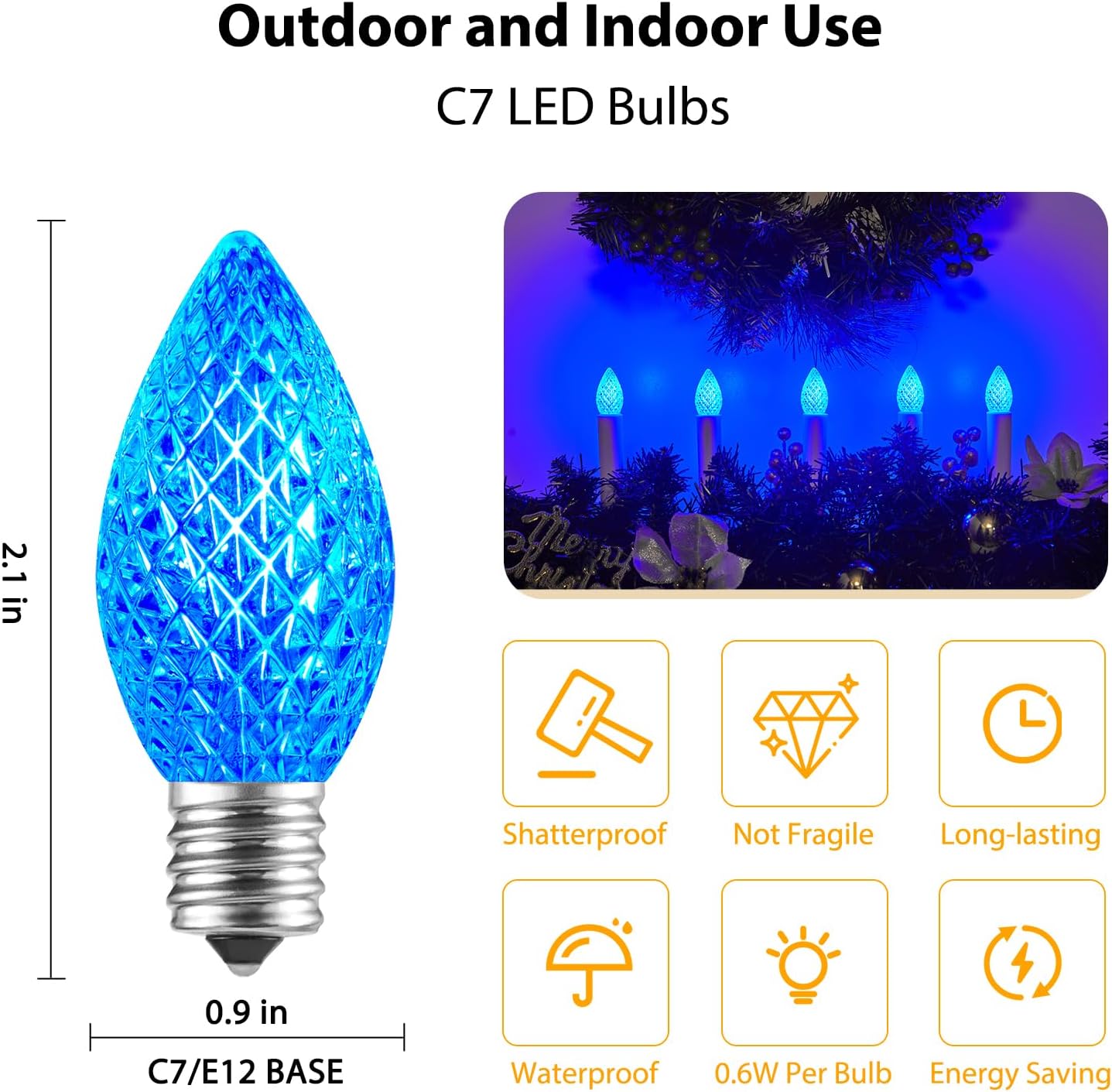 Minetom 25 Pack C7 LED Christmas Lights Bulbs, Shatterproof Replacement for String Lights, E12 Candelabra Base, Commercial Grade Dimmable Holiday Bulbs, Blue