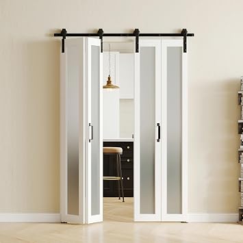 Bi-Fold Sliding Barn Door 48"24" x2 x 84", 1 Lites Tempered Frosted Glass Panel with Sliding Hardware Kit Set, Pre-drilled Closet Door Slab, 4.33FT Track for 4 Doors, MDF, White