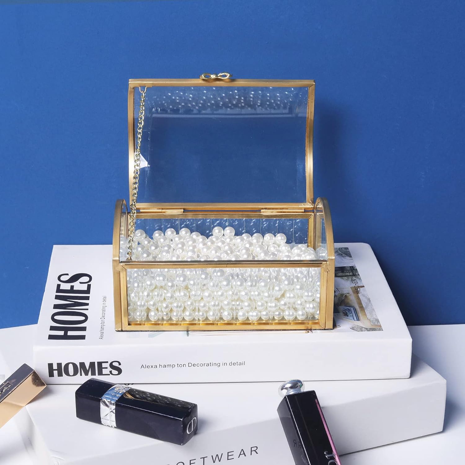 LONGSHENG - SINCE 2001 - Gold Jewelry Trinket Box, Glass Decorative Box Storage for Cosmetic Bracelet Necklace Ring Watch-Large