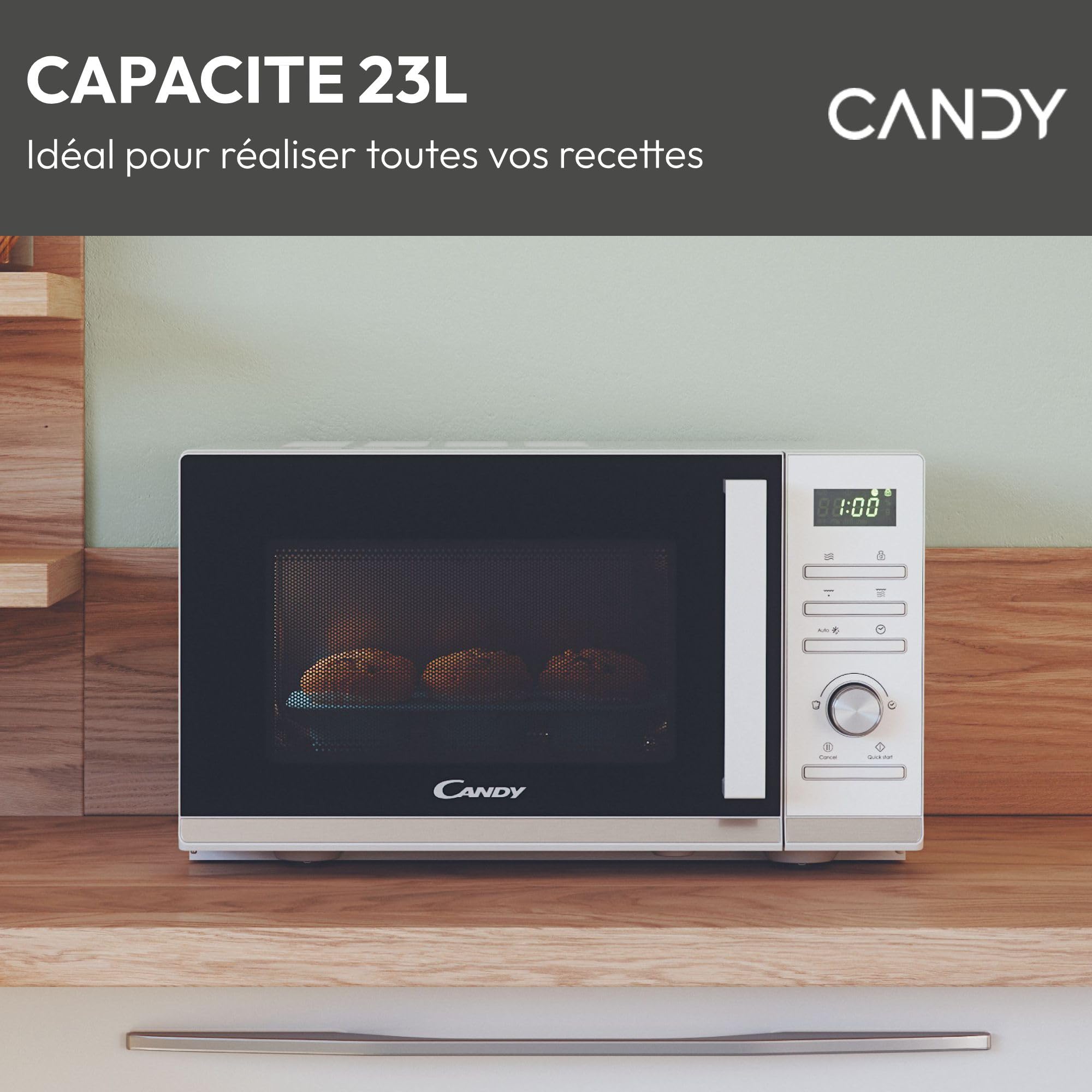 Candy Moderna CMGA23TNDW Four Micro-ondes Gril 900W 23L Digital, Fonction Décongélation, Plateau Tournant, 11 Niveaux de Puissance,19 Menus Auto, Grille Métal, Cuisson Express, Sécurité Enfant,Blanc
