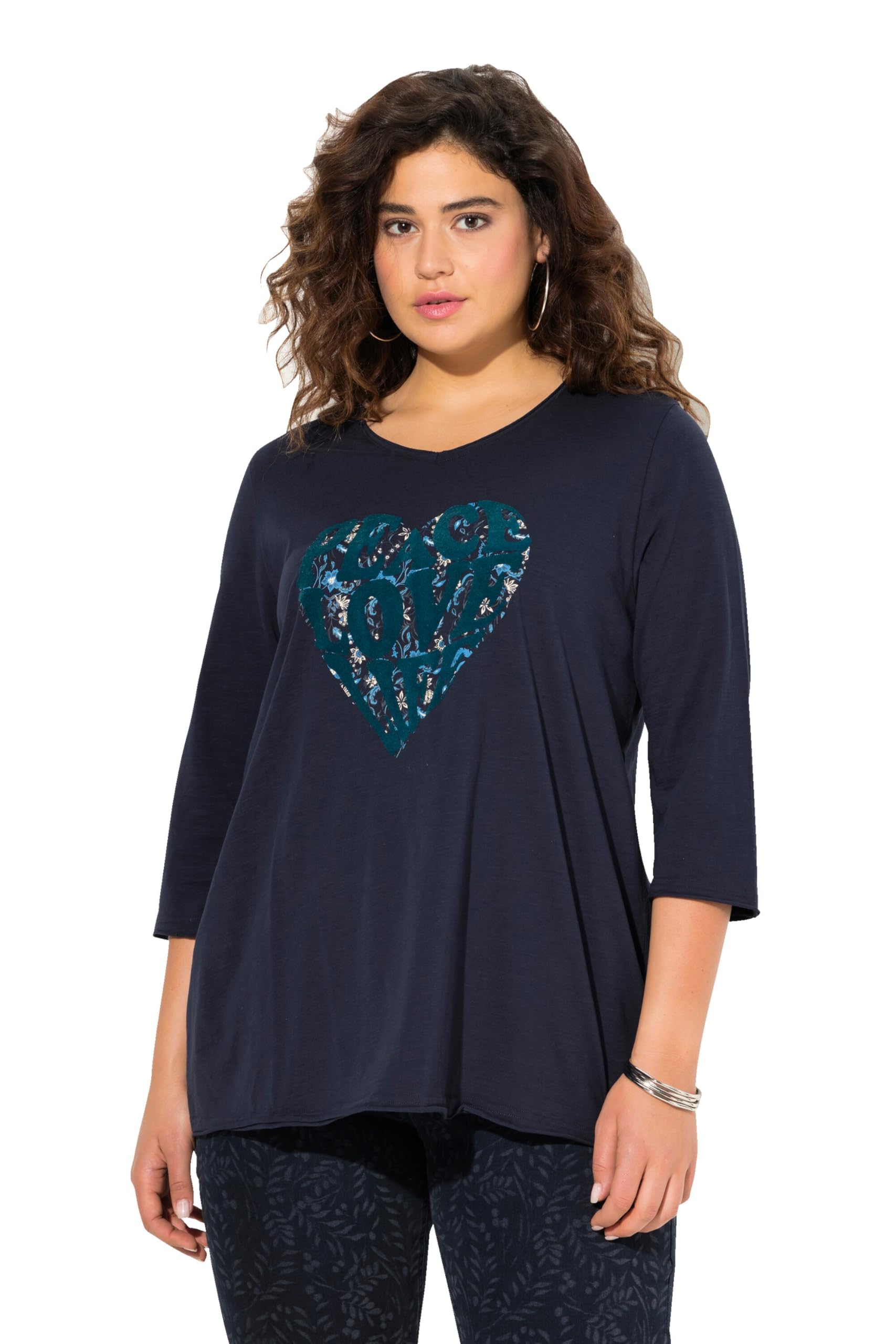 Ulla Popken Women's Shirt, Herzmotiv, A-Linie, V-Ausschnitt, Langarm T, Navy, 24 UK/26 UK