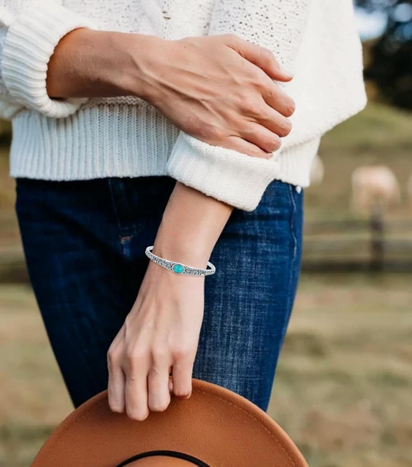 Genuine Turquoise Bracelet, Sterling Silver Vintage Adjustable Bangle Cuff Native American Boho Jewelry for Women, Fit for 6.5 7 7.5 Inches - Image 2