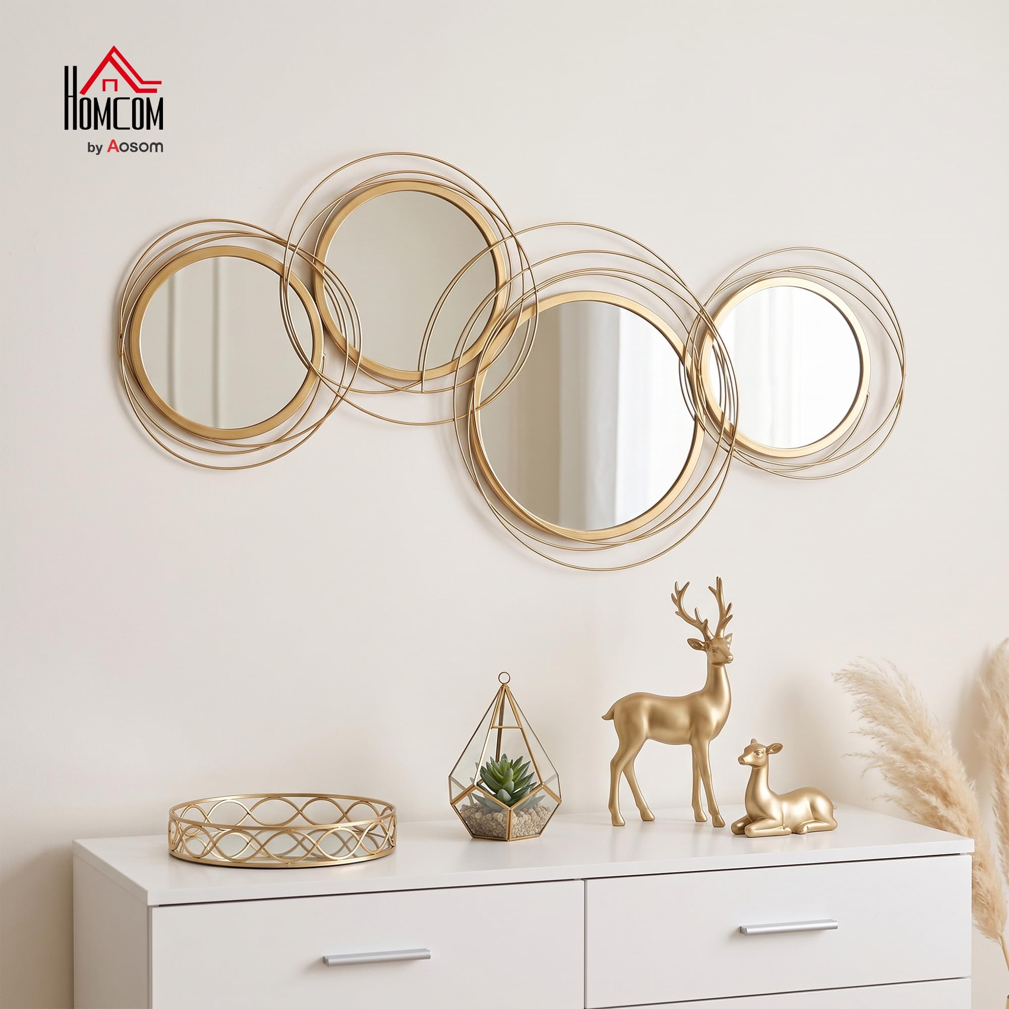HOMCOM Decorazione Murale 3D in Metallo Wall Art a Cerchi 107x56cm Oro | Con Specchi