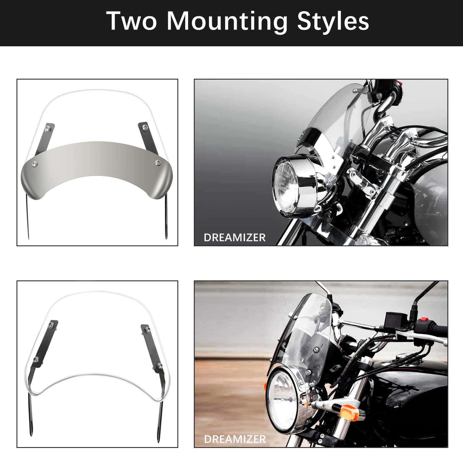 DREAMIZER Parabrezza moto universale, parabrezza moto retrò compatibile con 5"-7" Fari Rotondi, Parabrezza e Deflettori per Bobber Cafe Racer Chopper Cruiser (Trasparente)