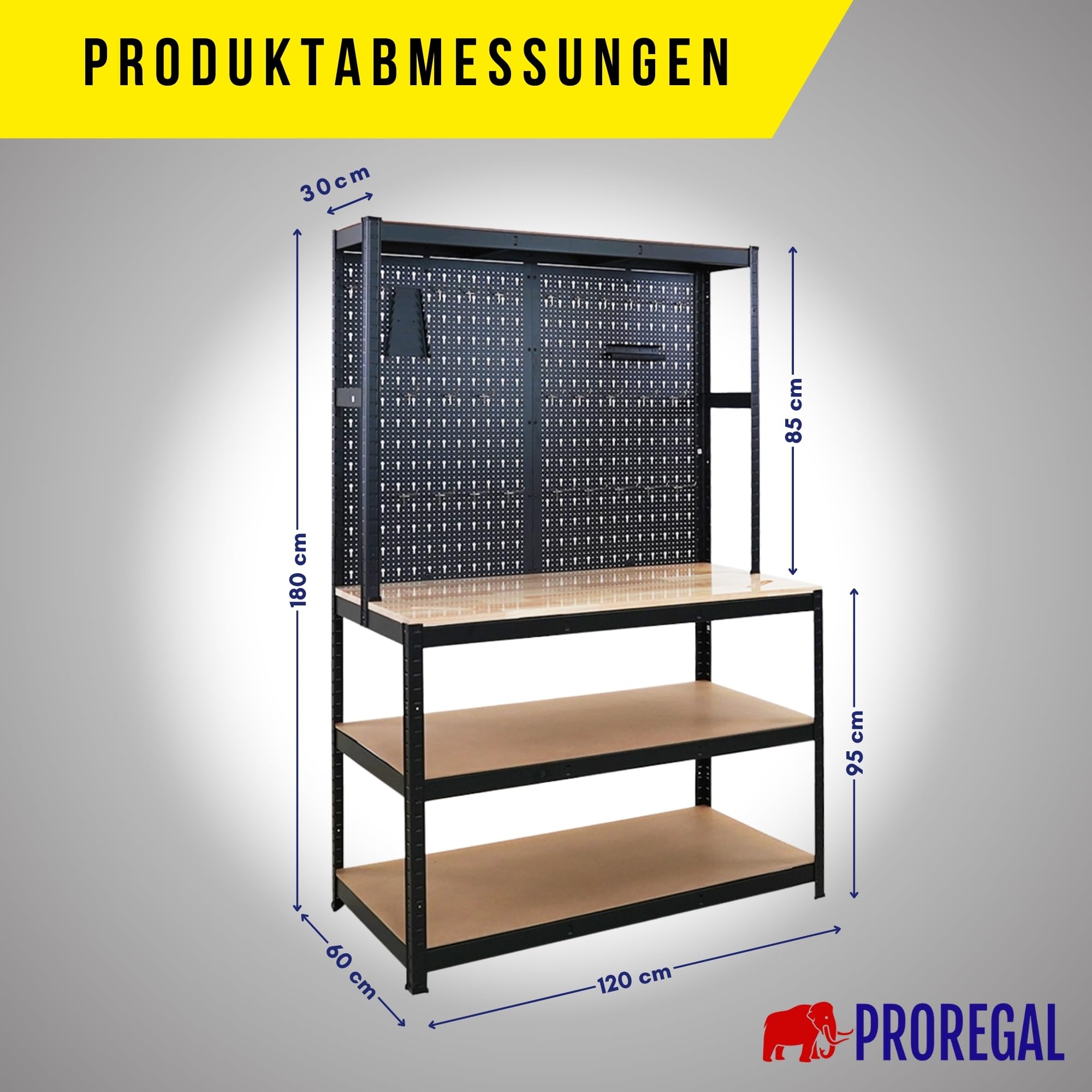 PROREGAL Profi Werkbank Giant Beast mit Lochwand HxBxT 180x120x60cm Fachlast 175kg inkl. Werkzeughalter Set Schwarz Werkbankregal Werkzeugbank Arbeitstisch