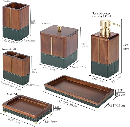 Miniatura 5 de MIHIRO Juego de accesorios de baño de madera de acacia con bandeja, dispensador de jabón de loción, vaso de baño, soporte para cepillos de dientes,