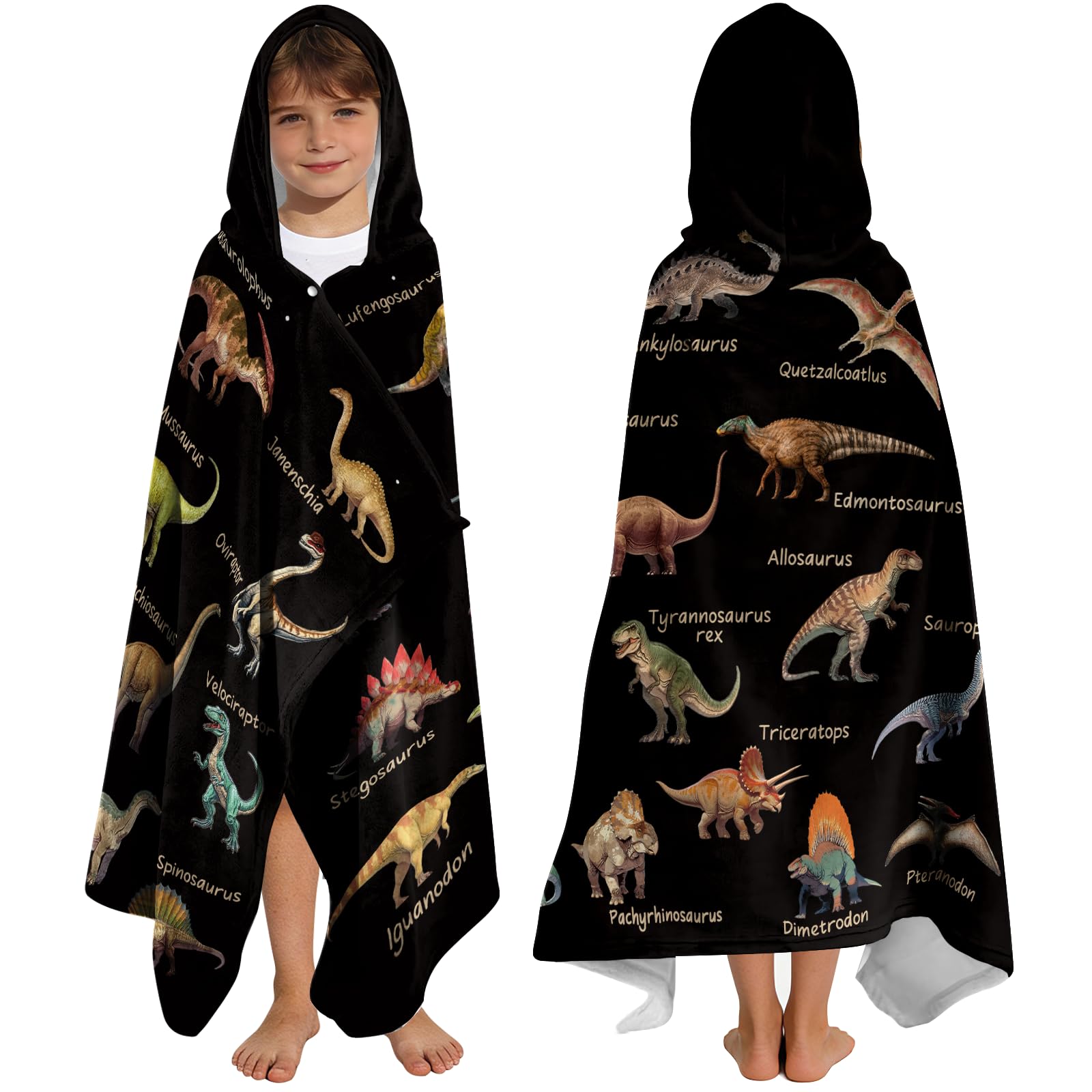 Yasrlvun Dinosaur Hooded Towels for Kids 130x100cm Poncho Towels for Kids Boys Girls Teens Beach Towel for Swimming Pool Black Dinosaur Wearable Bath Towel