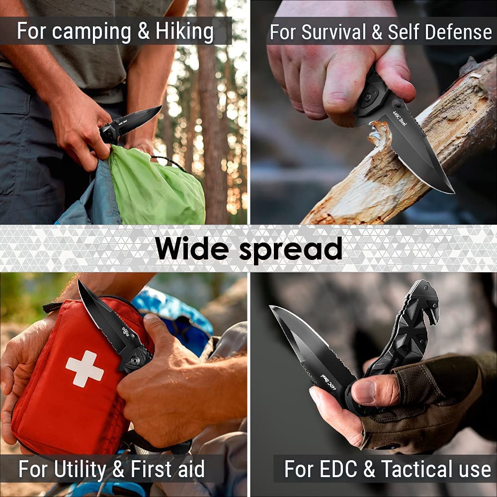 Black Pocket Knife Serrated Sharp 3,5" Blade Folding Knives Spring