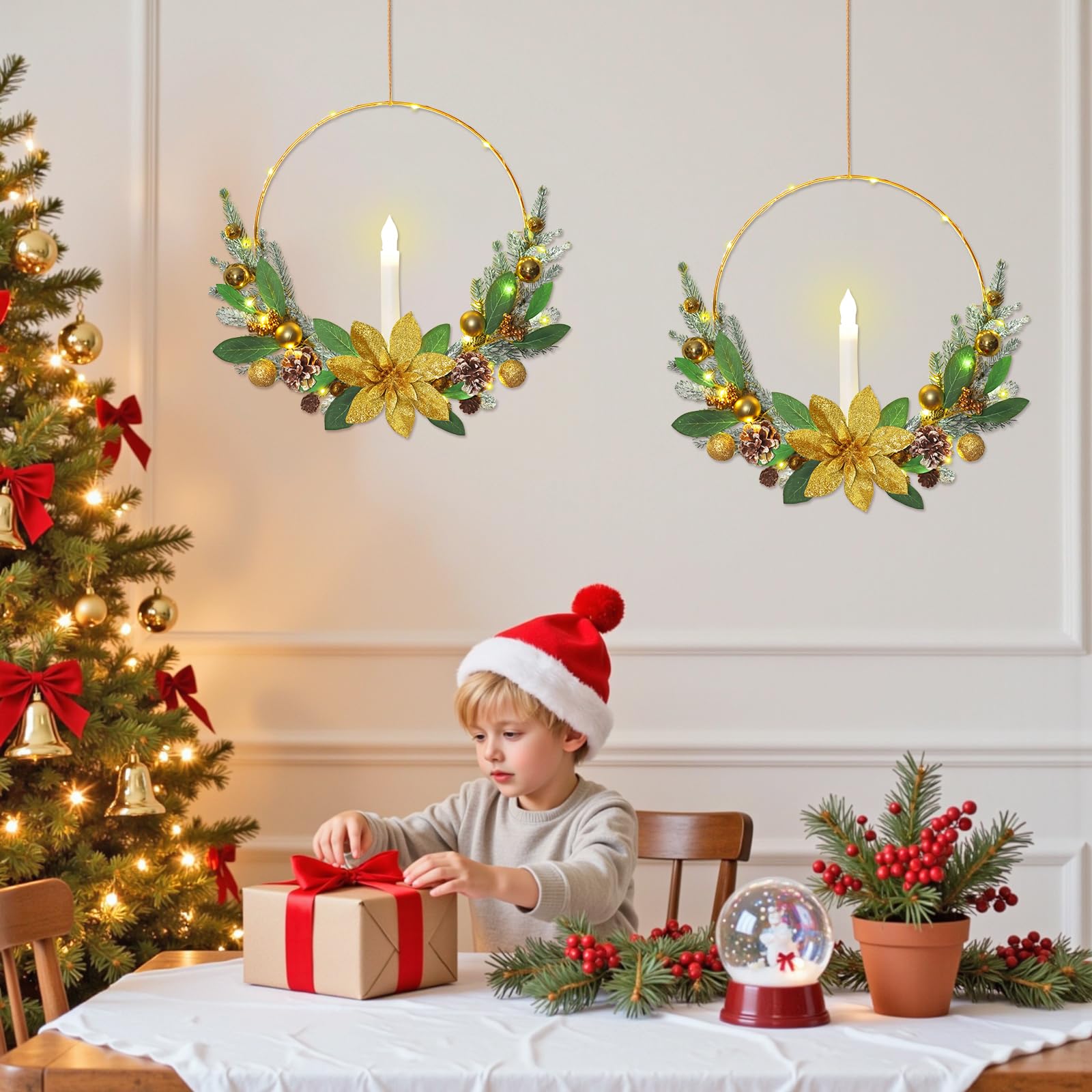 Betylifoy Lot de 2 couronnes de Noël rouges pour porte d'entrée de 40,6 cm avec bougies coniques à DEL pour porte d'entrée, fenêtre, cheminée, décorations de Noël (doré)