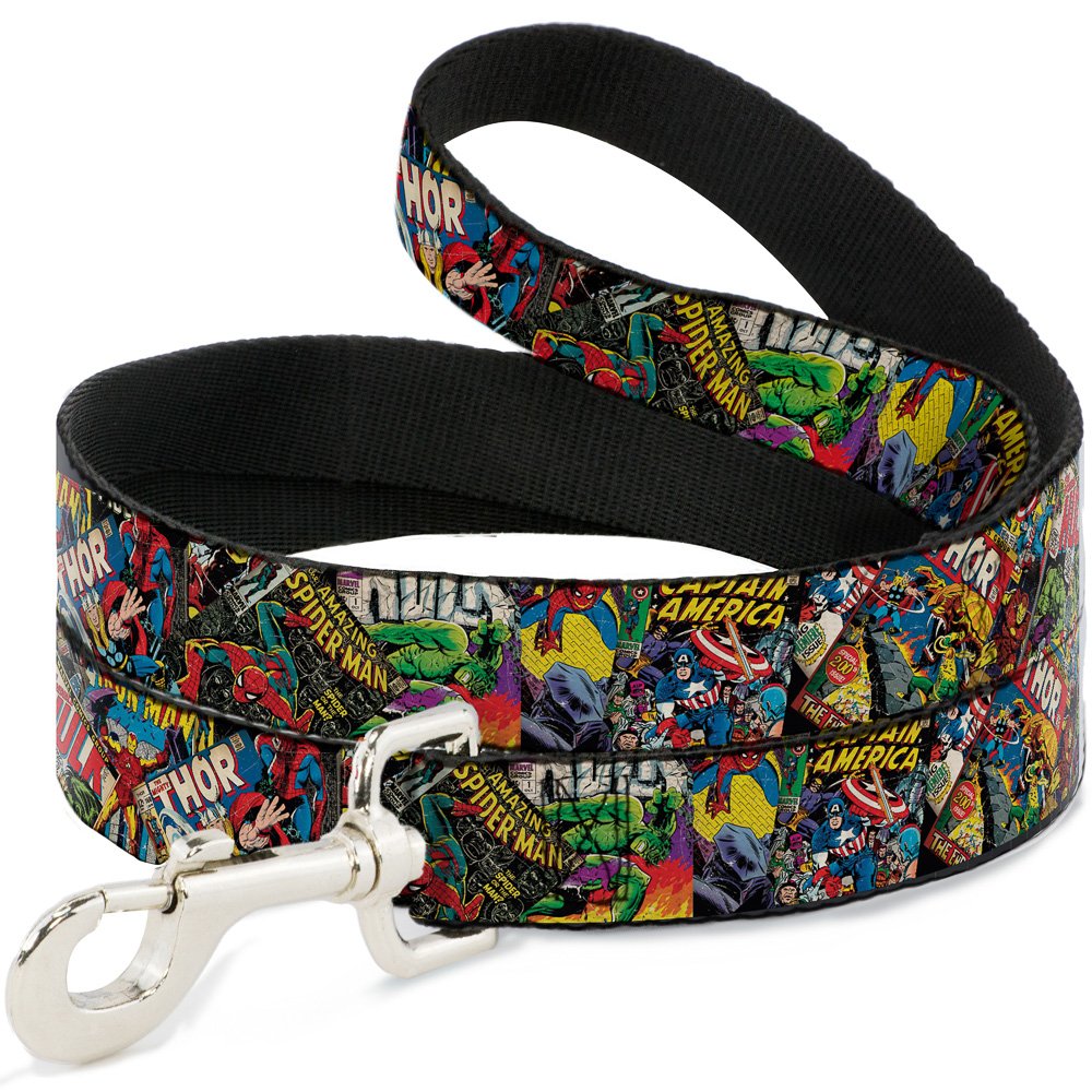 Buckle-Down Dog Leash Retro Marvel Comic Books Stacked Close Up 4 Feet Long 1.0 Inch Wide, Multicolor (DL-WAV035)