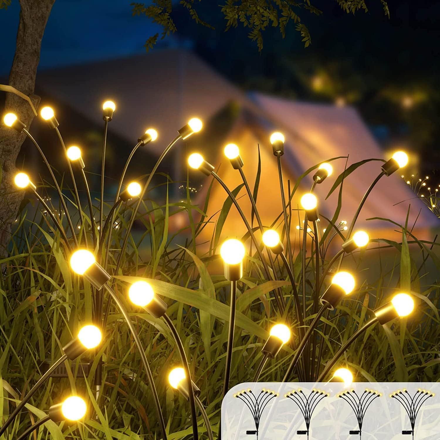Solar Lawn Lamp LED Wind Firefly Lamp Outdoor Garden Floor Lamp Waterproof Camping Lamp (10 lamp caps, 4 (40 in Total), Warm Light)