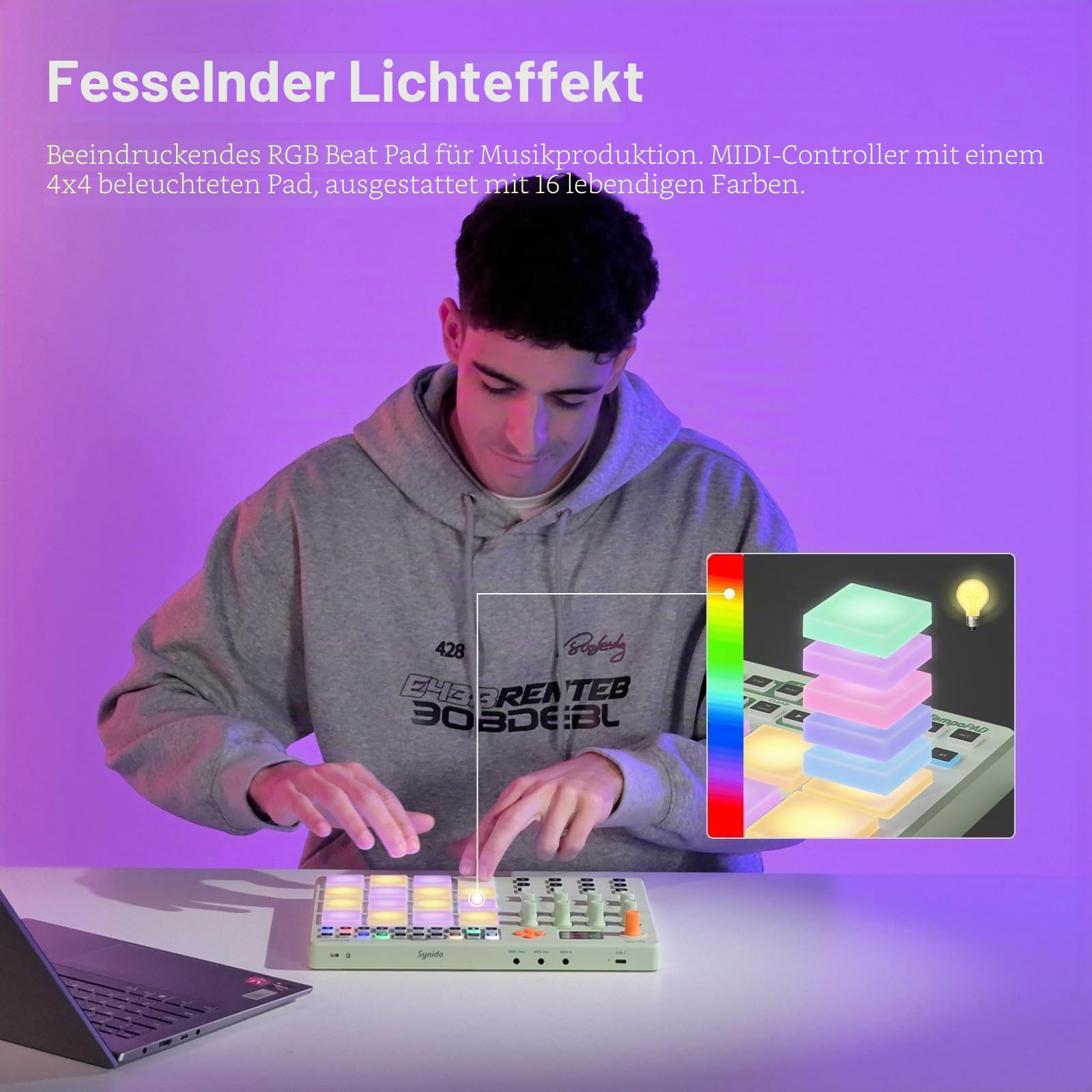 Synido Wireless MIDI Pad Controller, USB Wiederaufladbare Beat Maker Maschine für Musikproduktion Professional mit 16 RGB Beat Pad, OLED Bildschirm, 16 Step Sequencer, MIDI In/Out/Thru