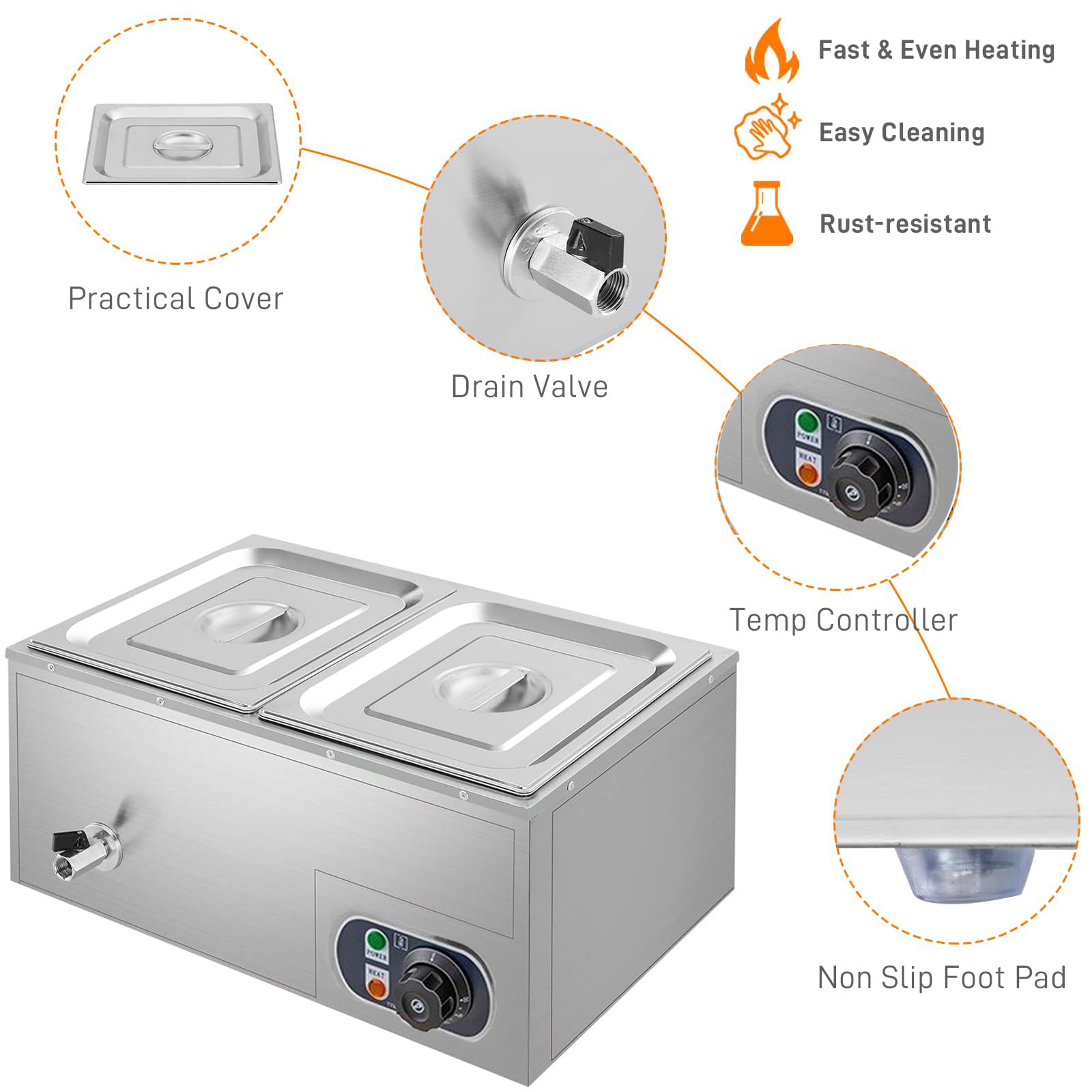 Kommerzieller Speisenwärmer, 800 W elektrischer Bain Marie Buffet Dampftisch, 15 l Edelstahl mit Temperaturregelungsdeckel für Restaurants und Partys