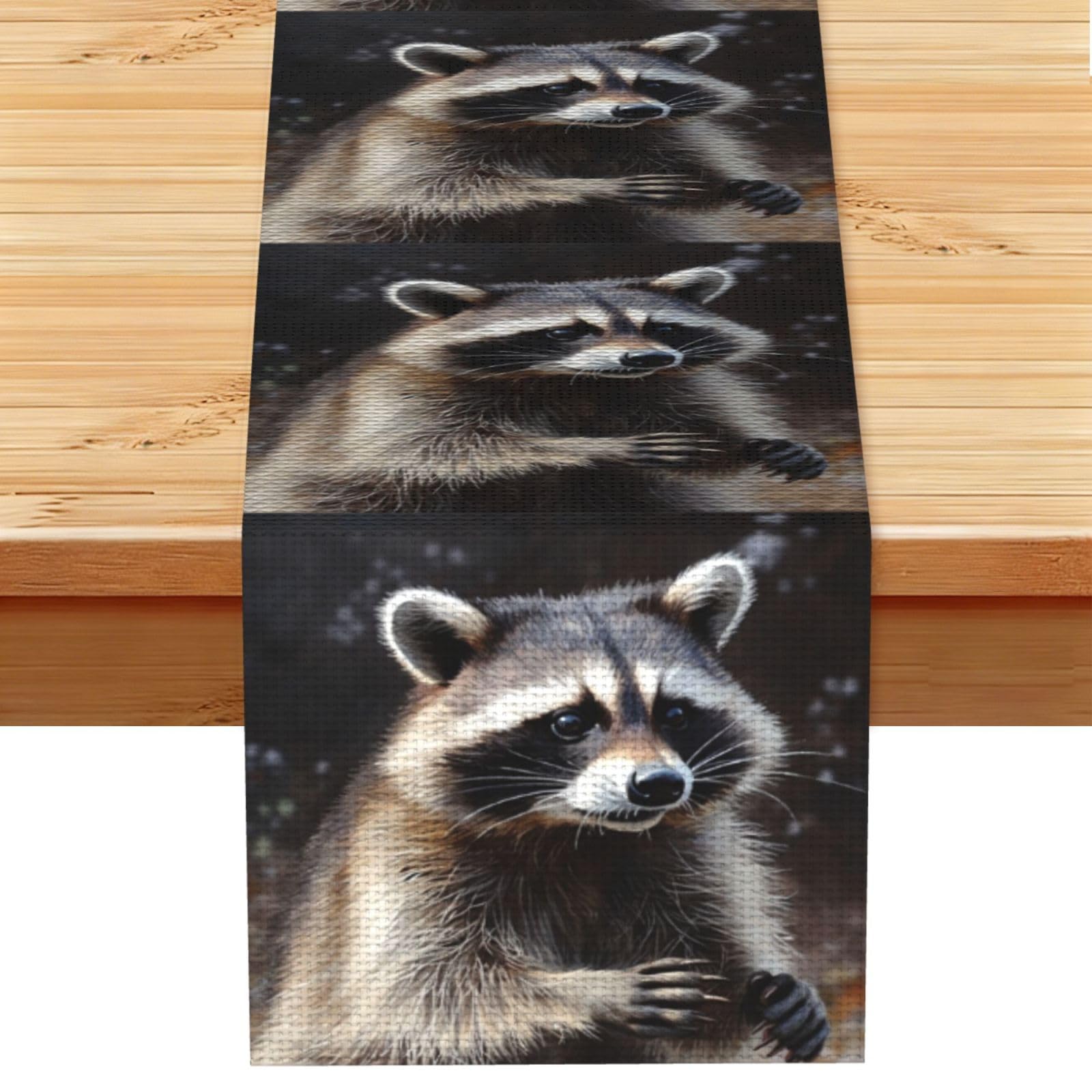 Raccoon Table Runner 13 x 72 Inches Long, Cotton Linen Table Runners for Kitchen Dining Table Decoration - Washable Tablecloth Modern Tablerunner for Home Party Decor