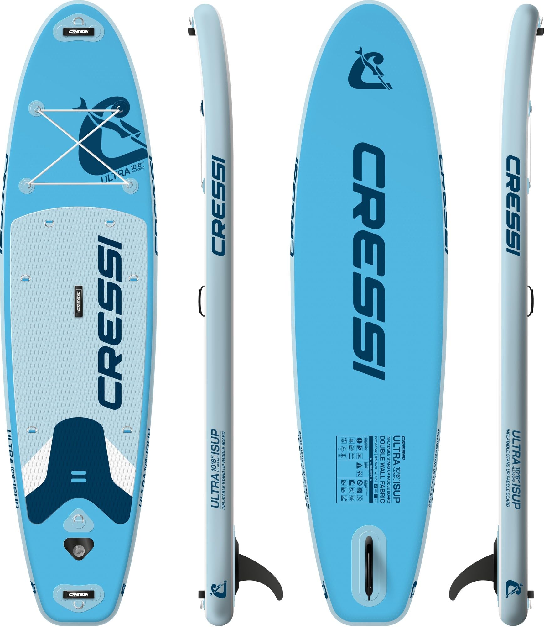 CRESSI since 1946 - Ultra Isup Set - Large Inflatable SUP Board for Adults Highly Stable and Durable Complete with Accessories Paddle Fin Pump Leash,Bag/Backpack - White/Blue_320x81x15 cm Max 130 kg