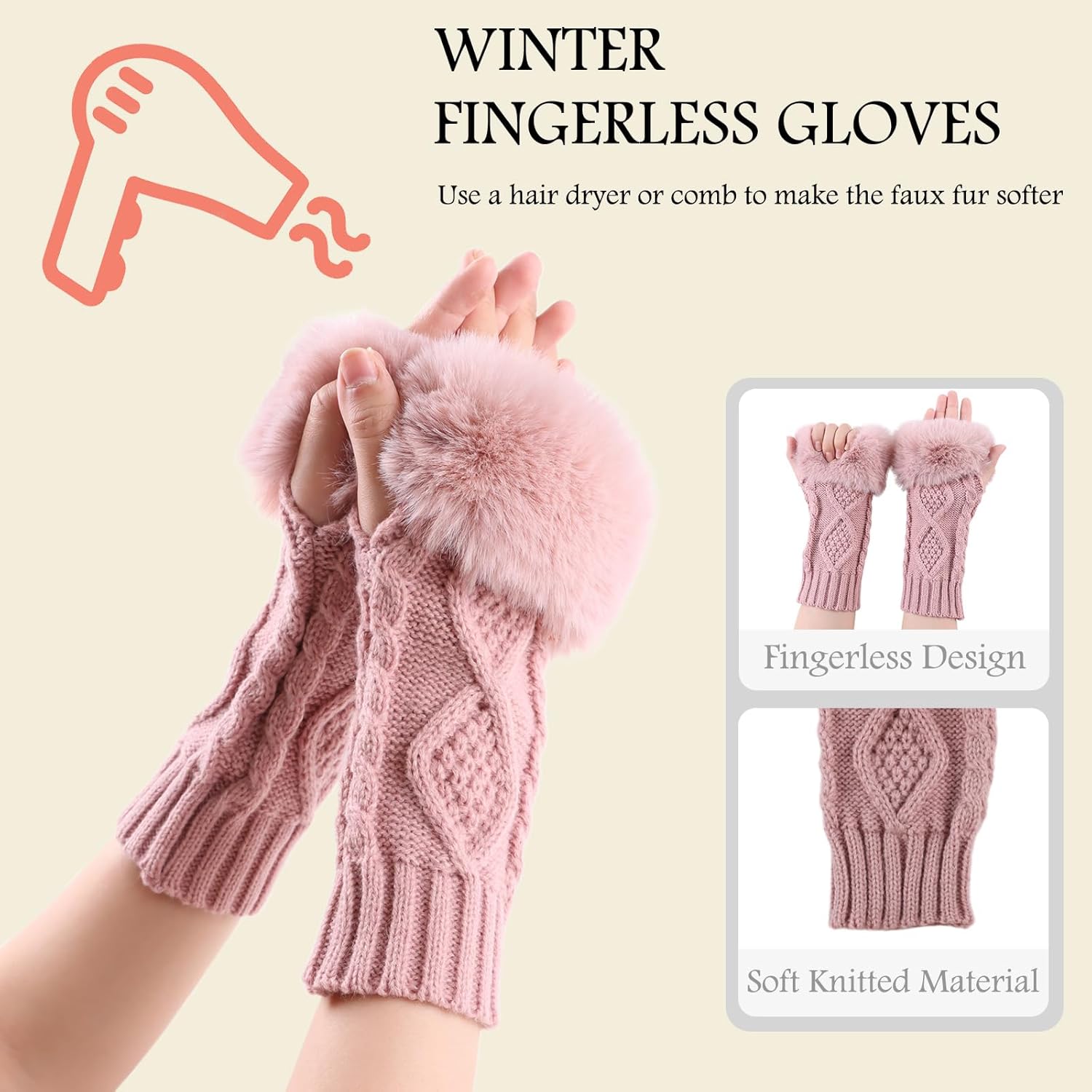 PESAAT Knit Arm Warmers Faux Fur Fingerless Gloves for Women Winter Wrist Warmers with Thumb Hole - Image 3