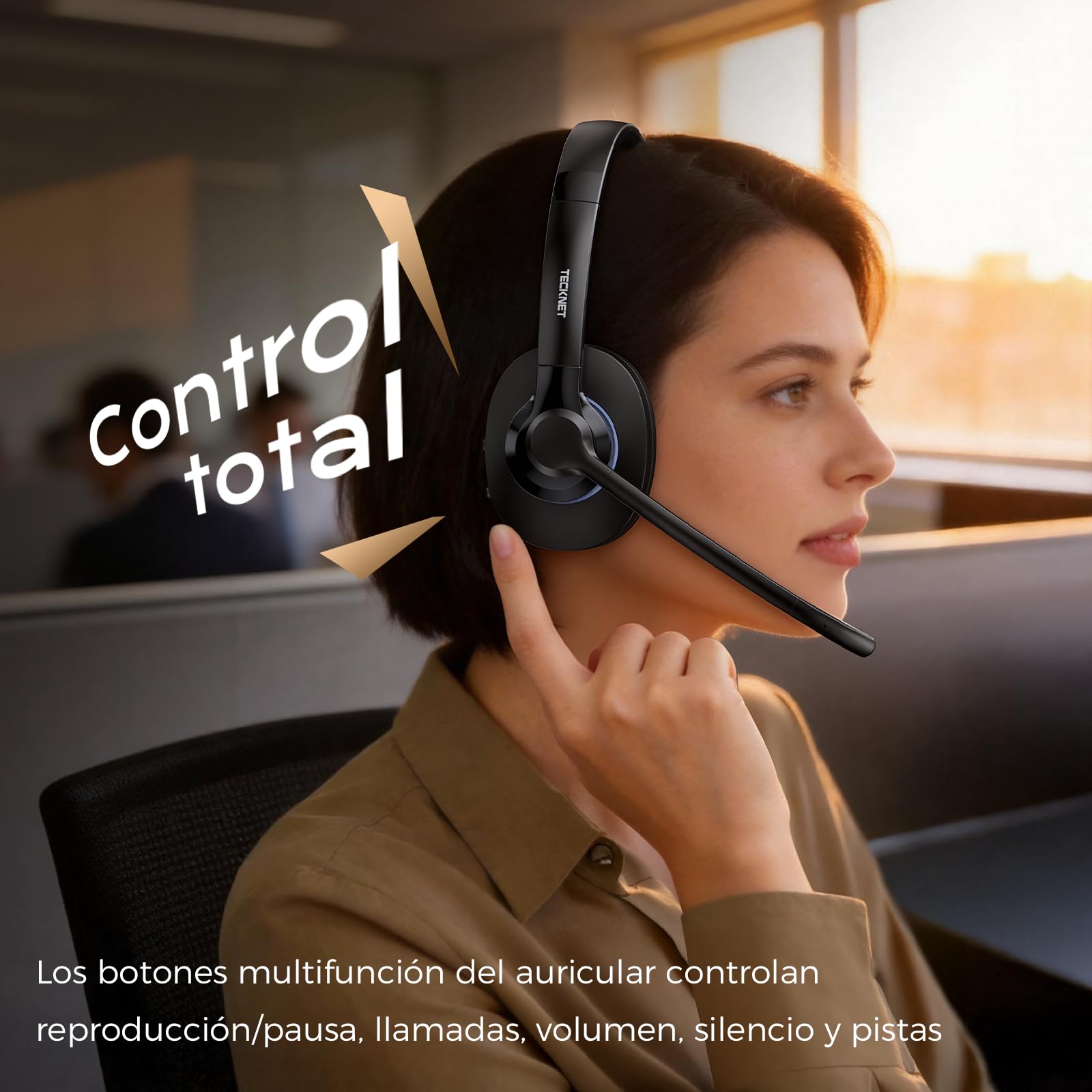 TECKNET Casque Bluetooth sans Fil avec Microphone, Casque Bluetooth V6.0 Casque Micro sans Fil À réduction de Bruit IA, USB-A, +50H d'Autonomie, pour Bureau/Conducteurs Routiers/Centres D'Appels