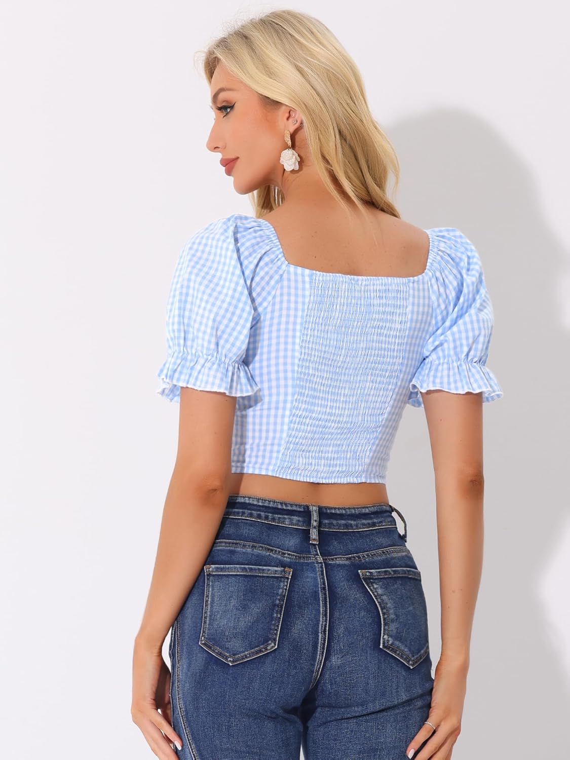Allegra K Smocked Crop Top for Women's Bubble Sleeve Peasant Gingham Plaid Tops - Image 3