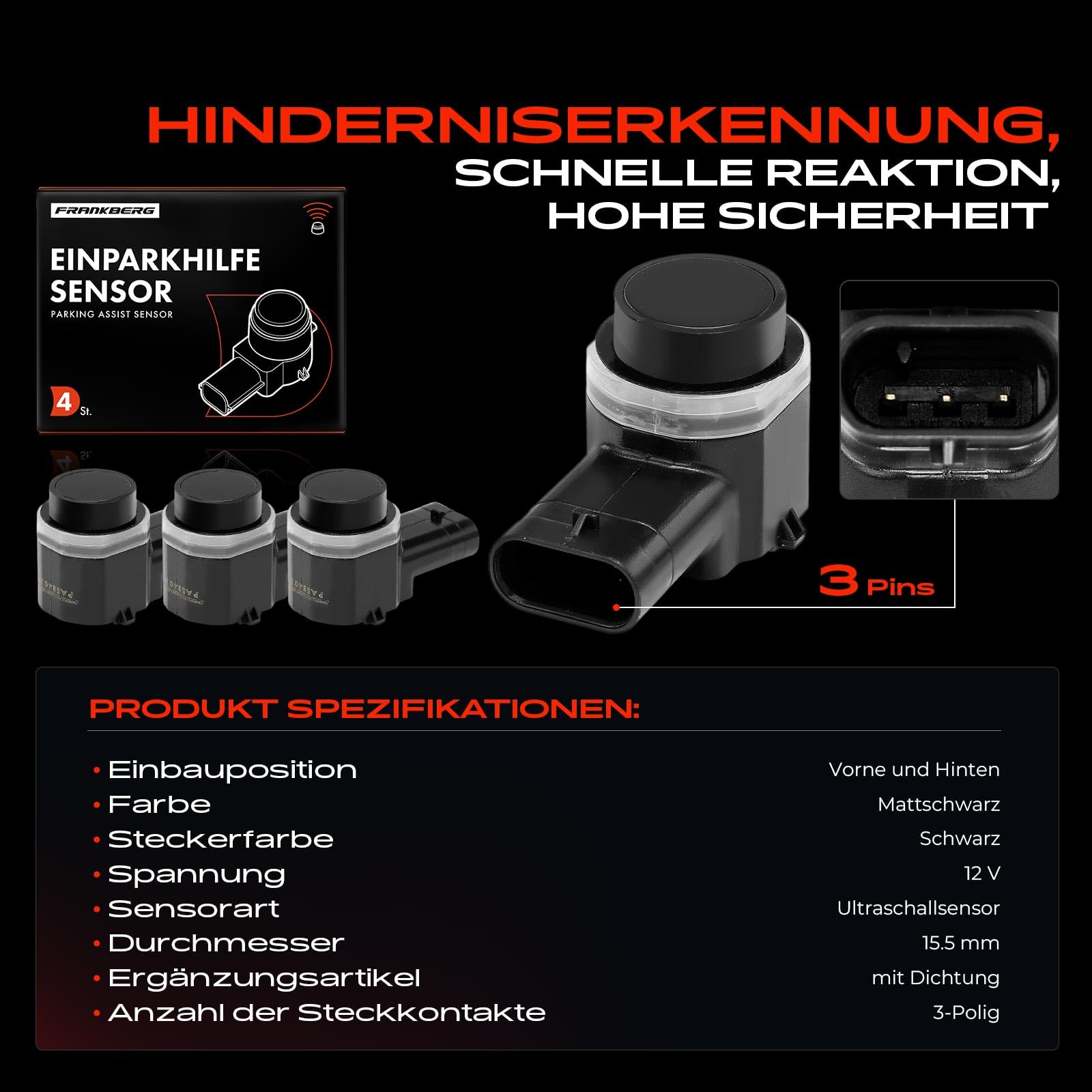 Frankberg 4X Parksensor 3-polig Vorne Hinten Kompatibel mit Golf Plus 521 5M1 1.2L-2.0L 2005-2013 P.a.s.s.a.t 3C2 1.4L-3.6L 2005-2010 A4 8K2 B8 1.8L-3.2L 2007-2015 Replace# 1S0919275