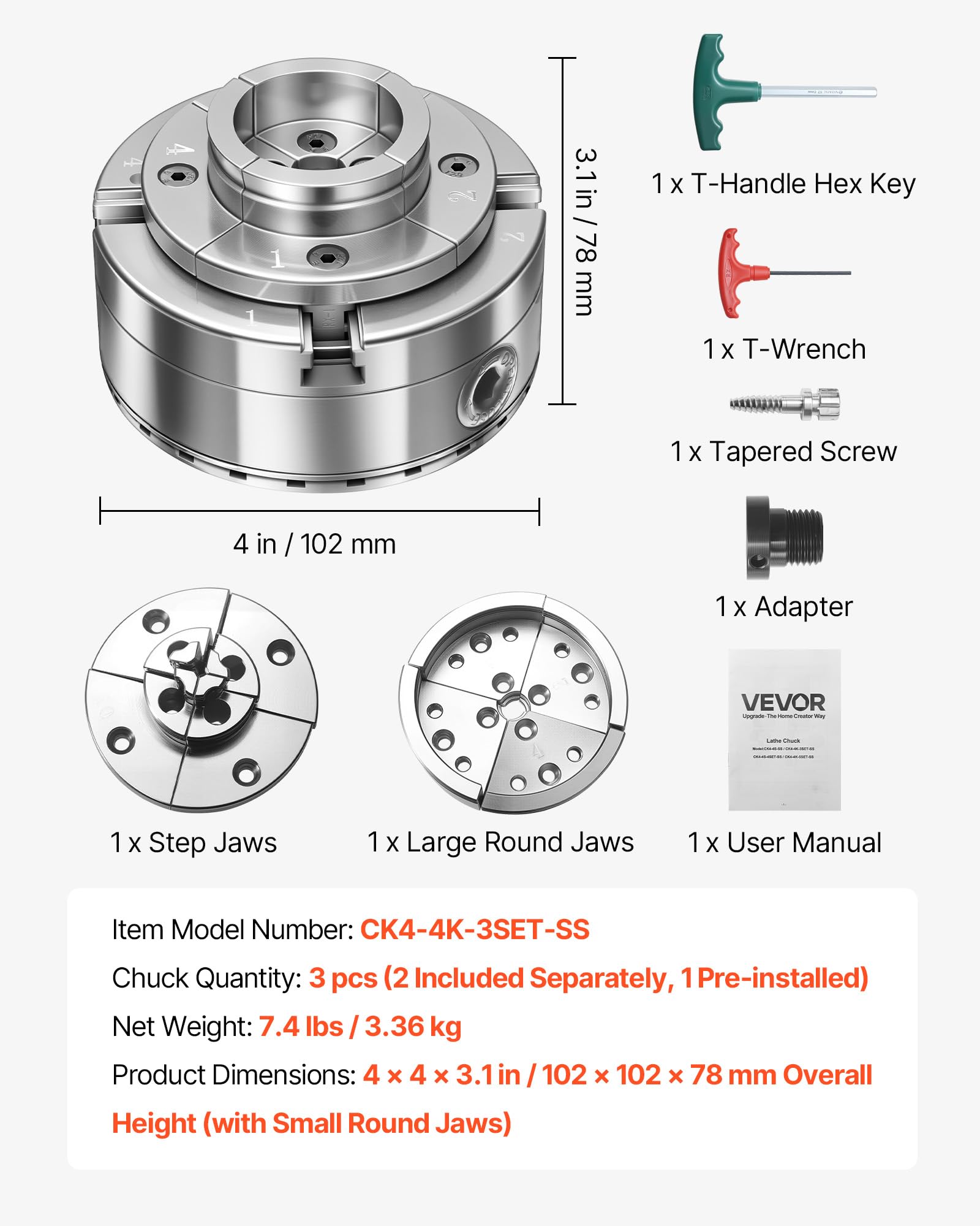 Mandrin de Tour à Bois 102 mm 4 Mors Autocentrant Engrenage Conique avec Adaptateur 1" x 8 TPI, Mâchoire Ronde et Étagée, Acier Finition Nickelée