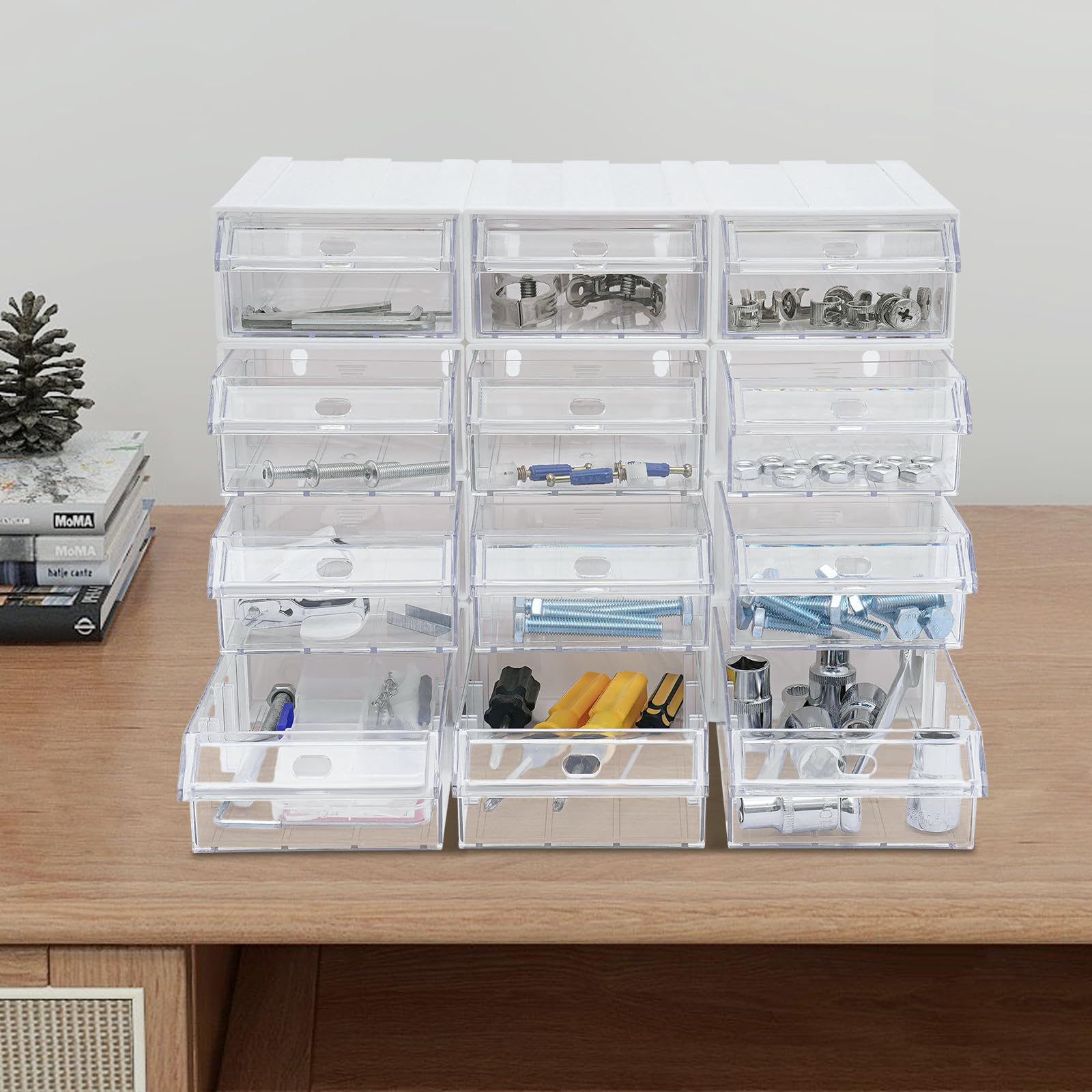Scatola per bricolage con 12 cassetti, impilabile, trasparente e bianco, mini rimovibile, con graziosi design per cancelleria e accessori