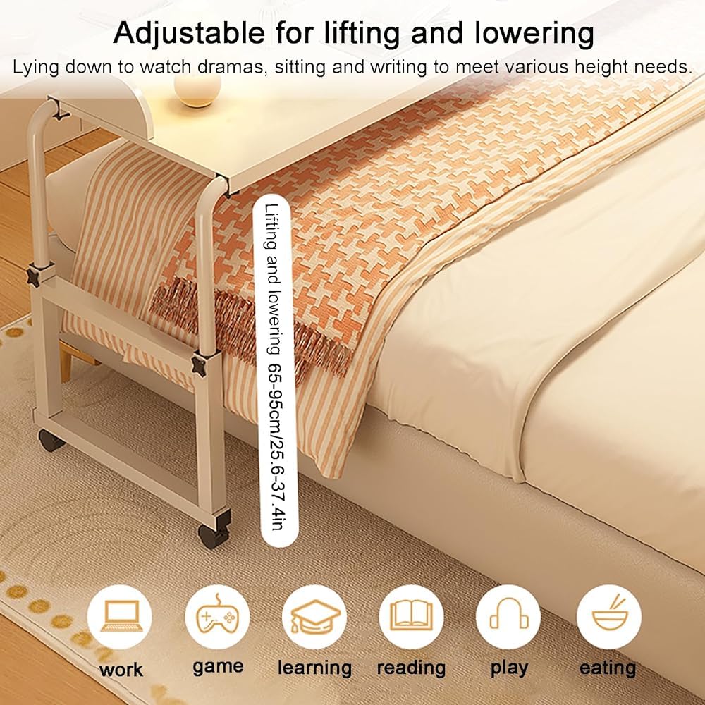 Tavolino da Letto con Ruote, Altezza Regolabile, Mobile, Adatto a Qualsiasi Punto della casa, per Letto King Size, scrivania da Letto per Anziani o disabili.