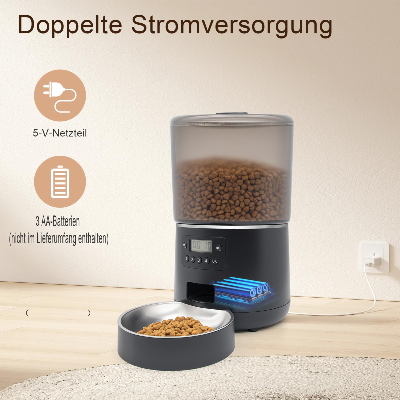 Futterautomat Katze mit Timer – 4L großes Fassungsvermögen, Programmierbar für 4 Mahlzeiten täglich, Präzise Portionskontrolle, Ideal für Katzen und Haustiere