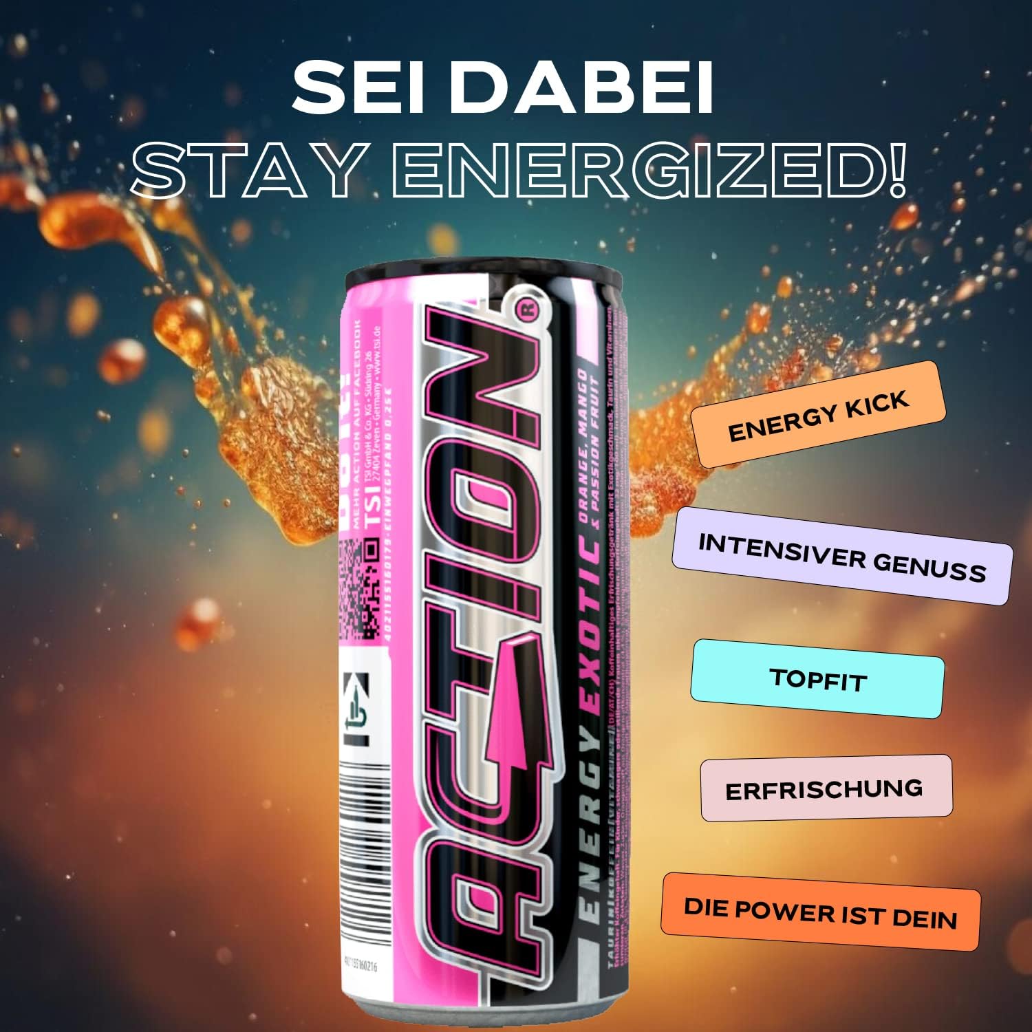 Action Energy Drink Exotic (48 x 250 ml) incluye depósito – Refresco con naranja, mango y sabor a fruta de la pasión – patata energética con mayor contenido de cafeína 32 mg/100 ml de cafeína enfoque
